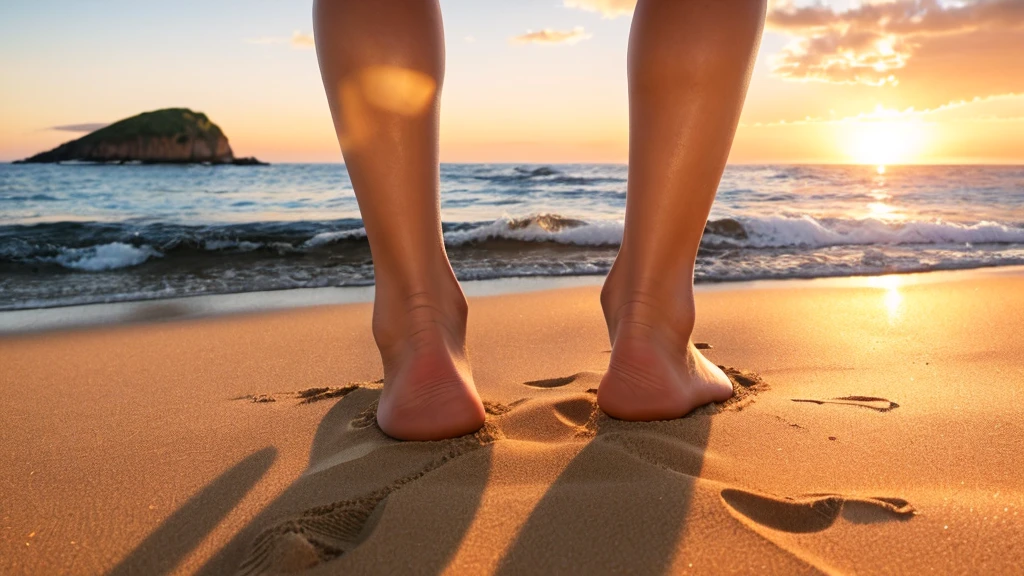 Closeup of woman feet walking on sand beach during a golden hour sunset. Travel and relaxing in summer, generative ai