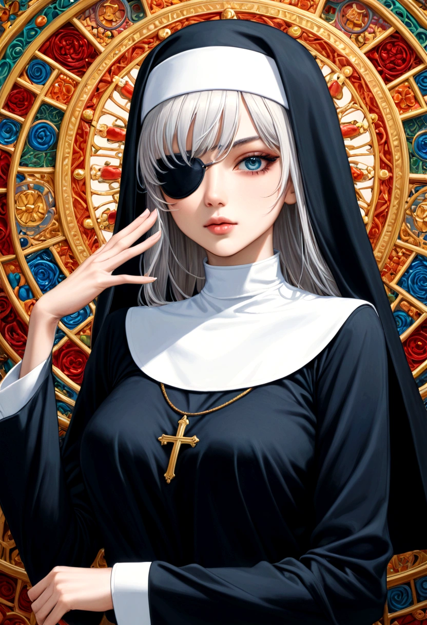 A girl dressed in a nun's habit with an eye patch over her right eye.ブルーヘアー、グレーの瞳