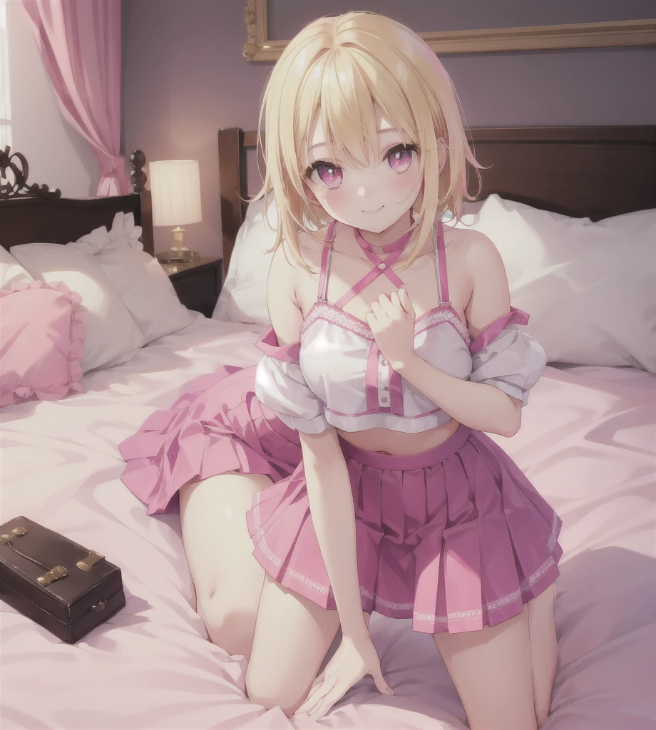 cute girl, smiling, kneeling on the bed with a pink mattress, wearing a short skirt and a crop top, blonde hair, pink eyes