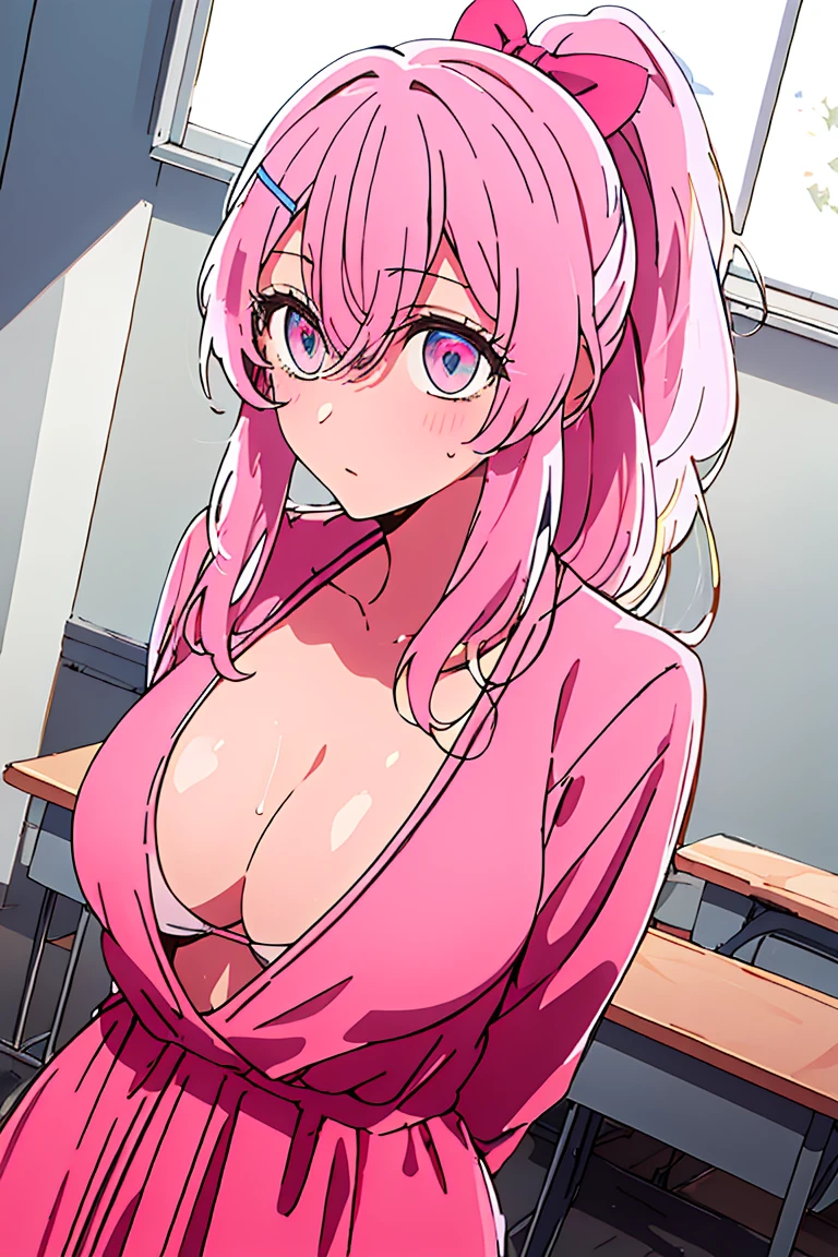 eliayase, eli ayase, yellow hair, blue eyes, ponytail, hair ribbon, medium breast,
BREAK bikini top sitting on a bed with a pink towel over her shoulder and a pink shirt over her shoulder,
BREAK looking at viewer,standing,leaning forward, (arms behind back:1.2), pov, nsfw, provocative, nervous, embarrassed, blushing,
BREAK indoors, classroom,
BREAK (masterpiece:1.2), best quality, high resolution, unity 8k wallpaper,NSFW ,(illustration:0.8), (beautiful detailed eyes:1.6), extremely detailed face, perfect lighting, extremely detailed CG, (perfect hands, perfect anatomy),