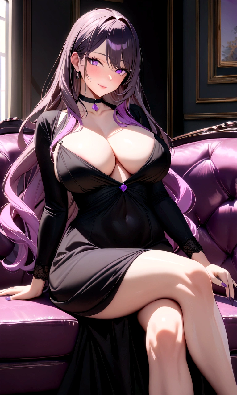 1 woman, mature, busty, beautiful, tall, attractive, MILF, ((Long hair))((pink purple ombre hair)), ((violet eyes))((purple nails)), ((Woman wear black dress, black choker)), ((living room, sitting on sofa)), looking at viewer, sultry smile, crossing legs, 8k, masterpiece, ray tracing