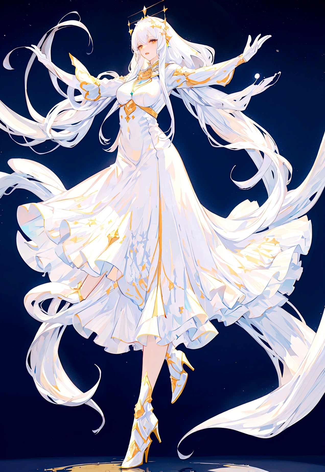 Character (adult woman) (white long hair) (white exotic dress-style clothing) (character in dynamic pose) (full body) (starry night sky background)