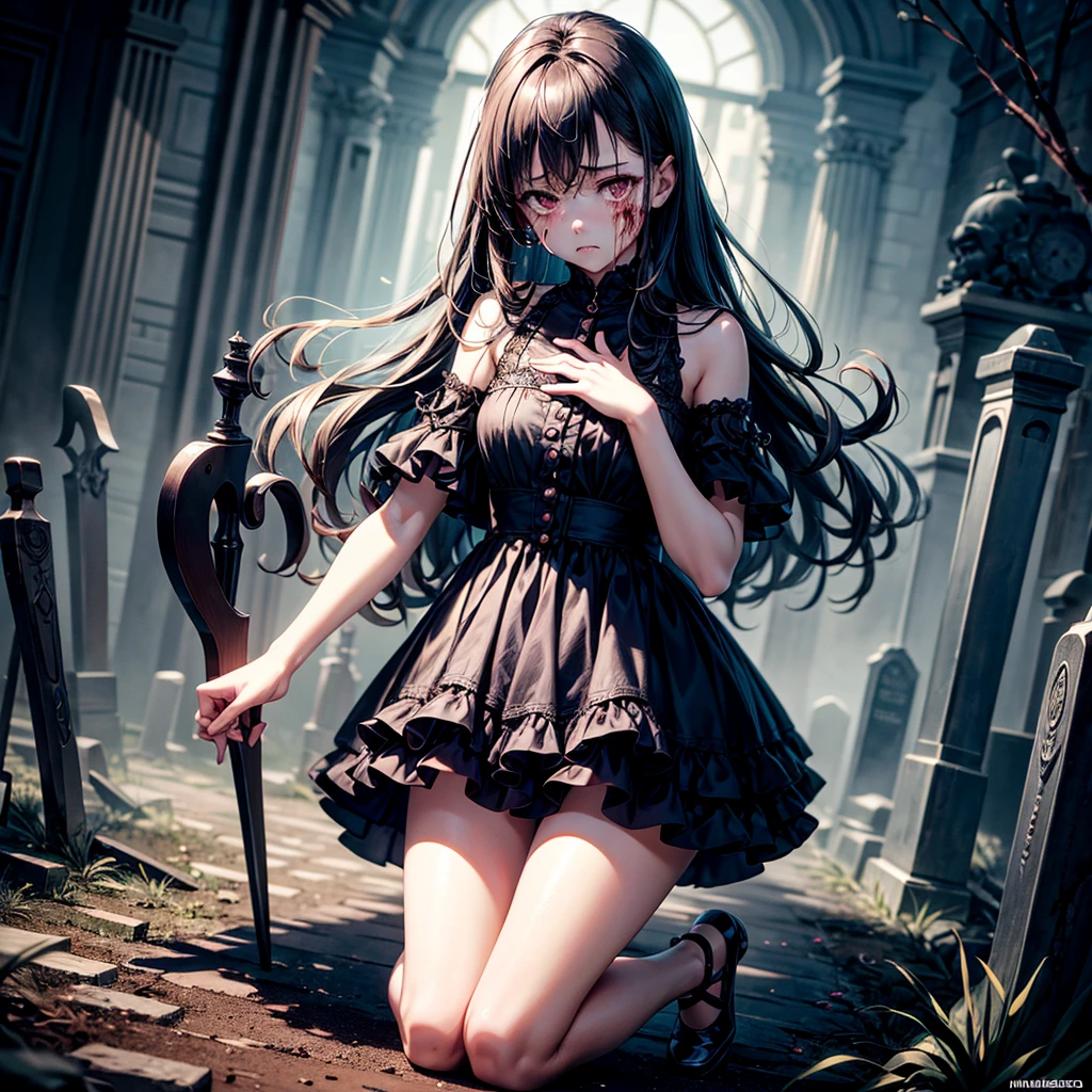 [sfw],masutepiece, Best Quality, High resolution,Solo,1girl in, Full body, Description Girls, detail hands,Detail fingers, Detail Face,cute face,detail legs, overdetailed art, Fine details,[zombie girl],extra arms,weapon,grave yard,crying,tear,bloody,[[pale blue skin]],long hair,spring dress
