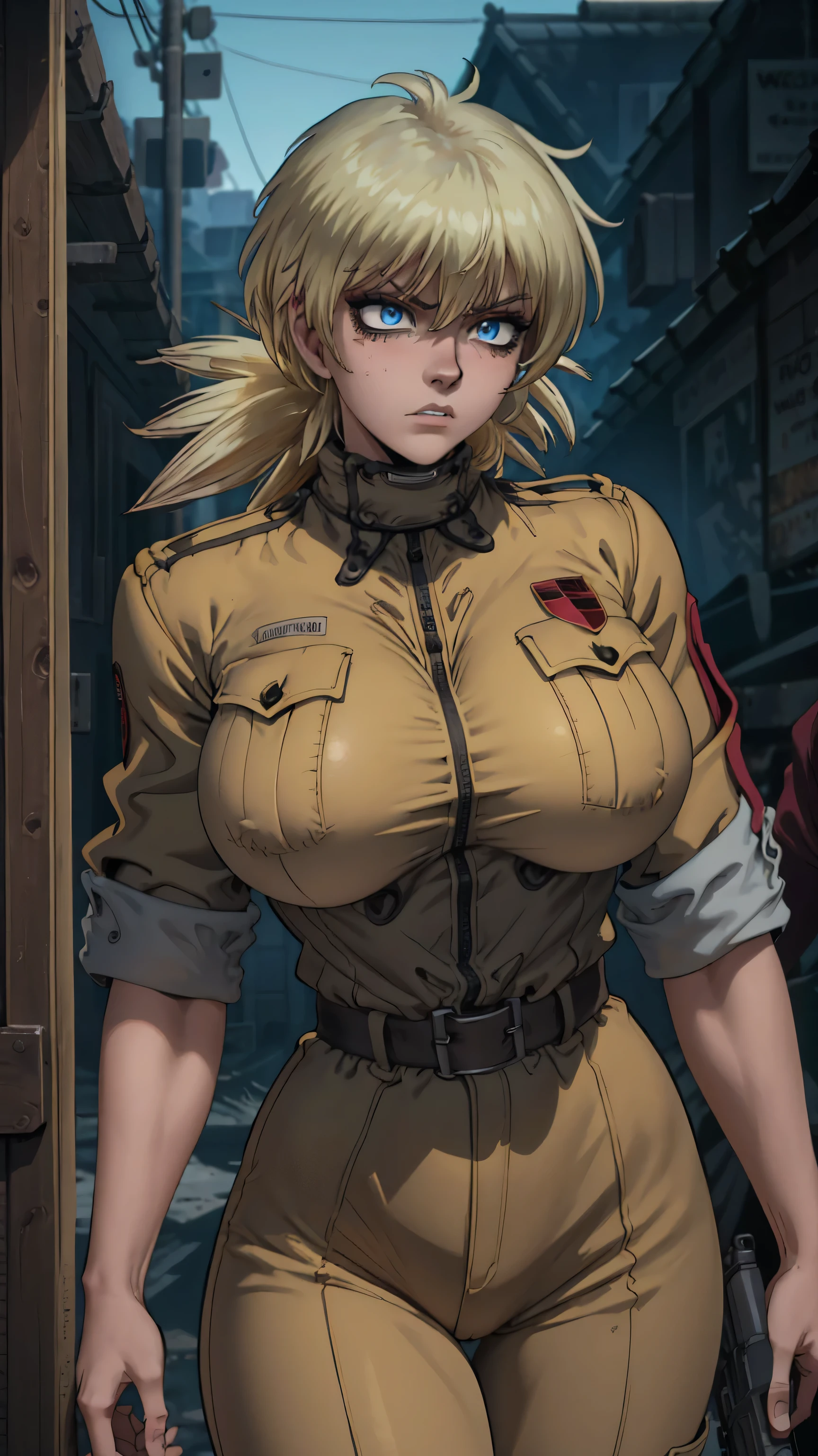 (best quality,4k,8k,highres,masterpiece:1.2),ultra-detailed,naked, enormous boobs, showing, boob window,extremely detailed girl,beautiful detailed eyes,beautiful detailed lips,longeyelashes,leather jacket and pants,angry expression,holding a gun,black and white photography,low-key lighting,dark and gritty,urban setting,fierce attitude,action-packed scene,Vivid colors,intense shadows,sharp focus, seras, seras victoria, closeup, face closeup, frustrated expression