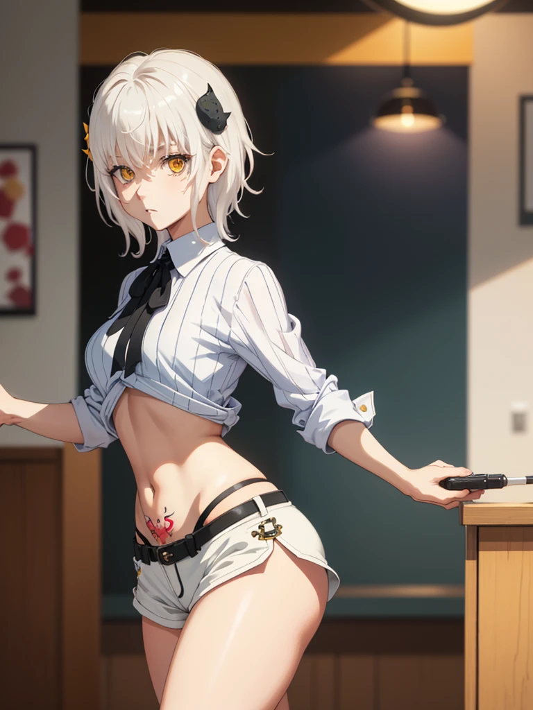 masterpiece, short shorts, masterpiece, best quality, highres, dark persona, watercolor painting theme, (looking at the viewer: 1.1), wide hips, big ass, standing, bent, tojou koneko, yellow eyes, white hair, short hair, hair ornament, white shirt, black ribbon on the neck, tattoo on the abdomen, lust tattoo,