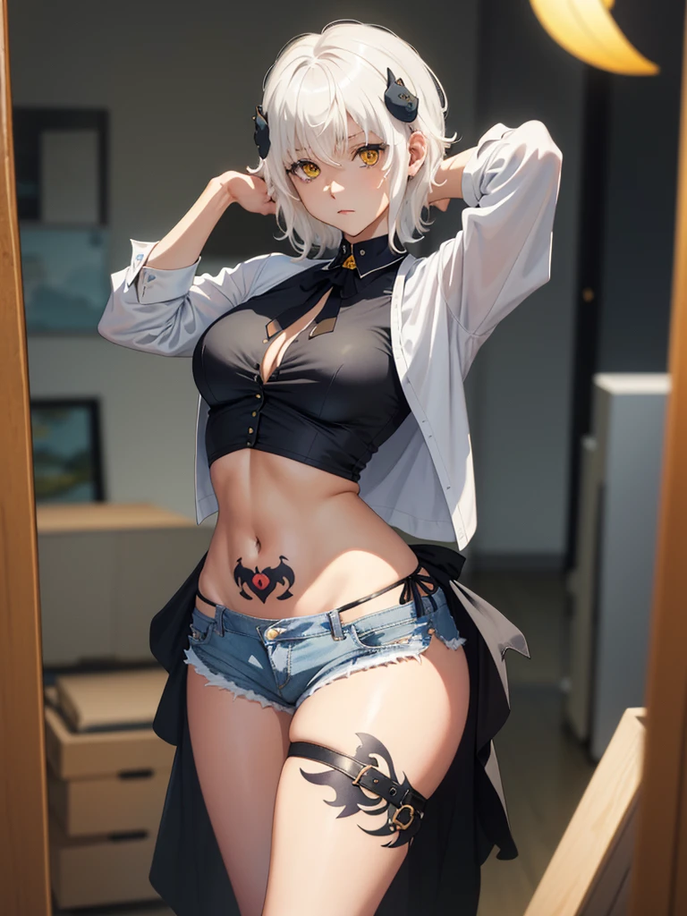 masterpiece, short shorts, masterpiece, best quality, highres, dark persona, watercolor painting theme, (looking at the viewer: 1.1), wide hips, big ass, standing, bent, tojou koneko, yellow eyes, white hair, short hair, hair ornament, white shirt, black ribbon on the neck, tattoo on the abdomen, lust tattoo,