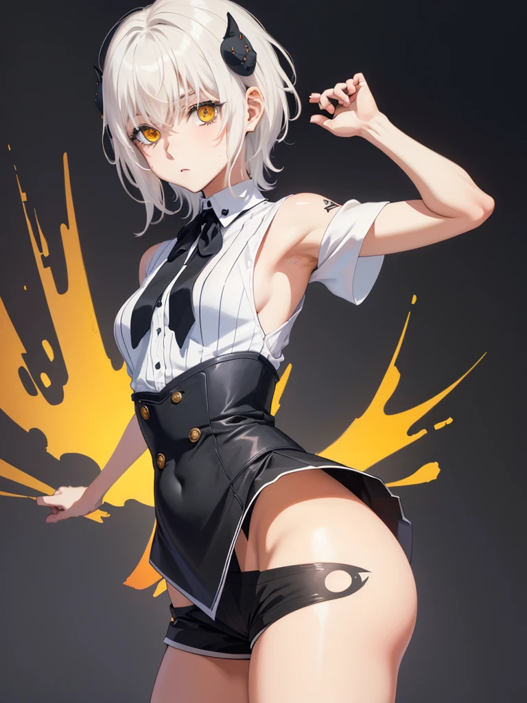 masterpiece, short shorts, masterpiece, best quality, highres, dark persona, watercolor painting theme, (looking at the viewer: 1.1), wide hips, big ass, standing, bent, tojou koneko, yellow eyes, white hair, short hair, hair ornament, white shirt, black ribbon on the neck, tattoo on the abdomen, lust tattoo,