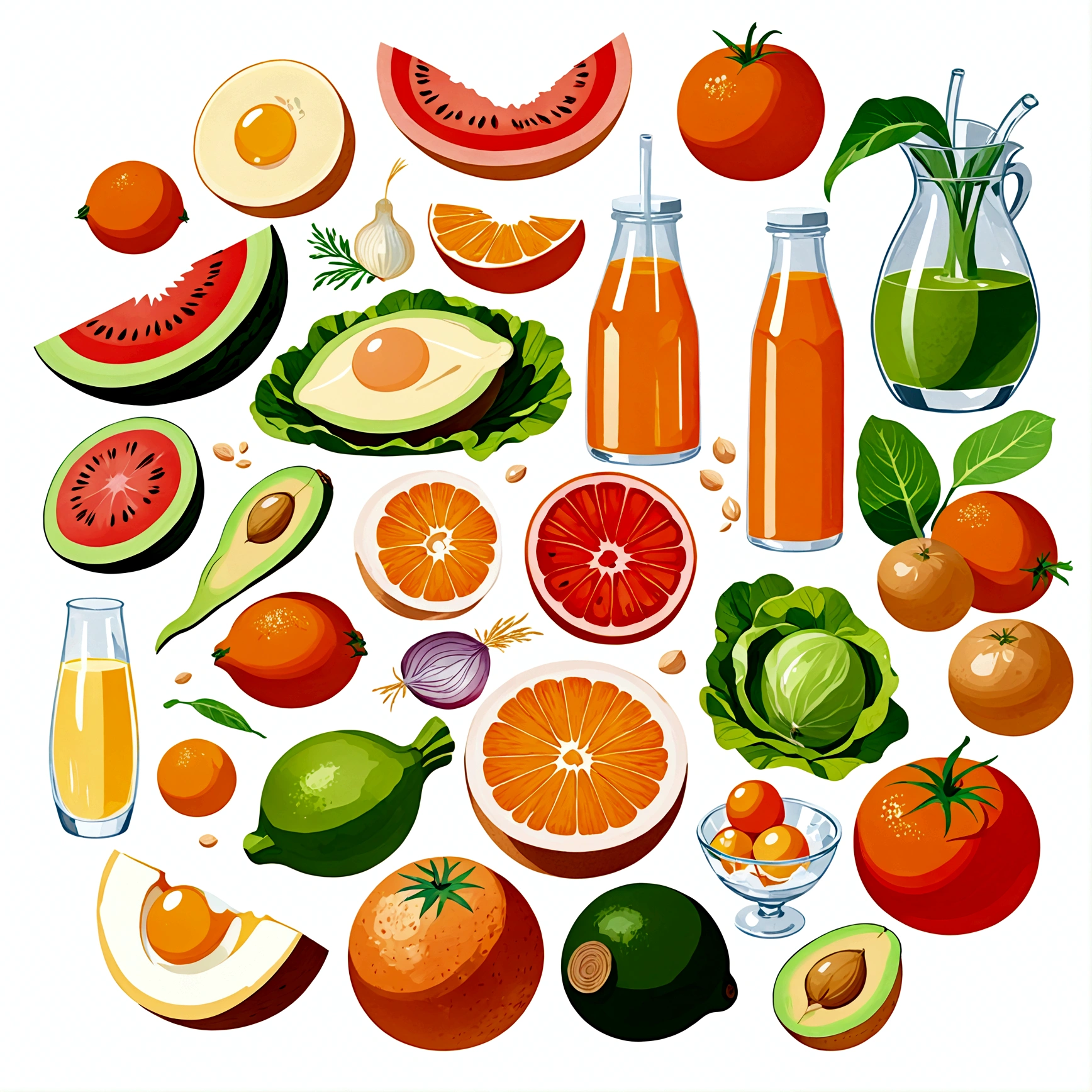 Healthy food illustration. gouache watercolor style, there are various fresh food in composition, juice, infused water, milk, orang juice, tomato juice, a toasted egg, oath, wheat, triangle cheese, melon, apples, avocadoes, orange, onion, potatoes, bread, glass of mineral water, fresh meat, chicken meat, melon, watermelon, paprika, orange, lettuce and many other, vibrant color, against brilliant white background, isolated in white, Ghibli-like colours, multiple views, rotated, negative space, ((masterpiece)), ((best quality)), cowboy shot, 