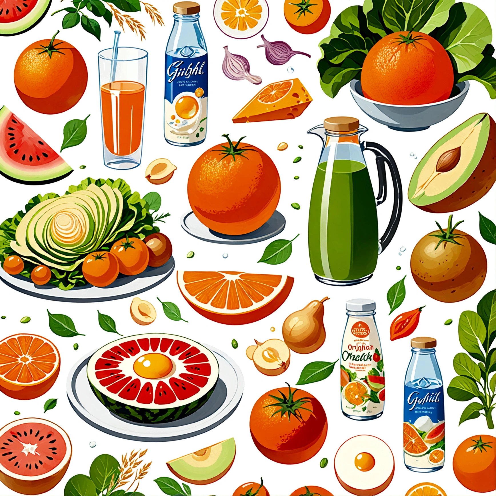 Healthy food illustration. gouache watercolor style, there are various fresh food in composition, juice, infused water, milk, orang juice, tomato juice, a toasted egg, oath, wheat, triangle cheese, melon, apples, avocadoes, orange, onion, potatoes, bread, glass of mineral water, fresh meat, chicken meat, melon, watermelon, paprika, orange, lettuce and many other, vibrant color, against brilliant white background, isolated in white, Ghibli-like colours, multiple views, rotated, negative space, ((masterpiece)), ((best quality)), cowboy shot, 