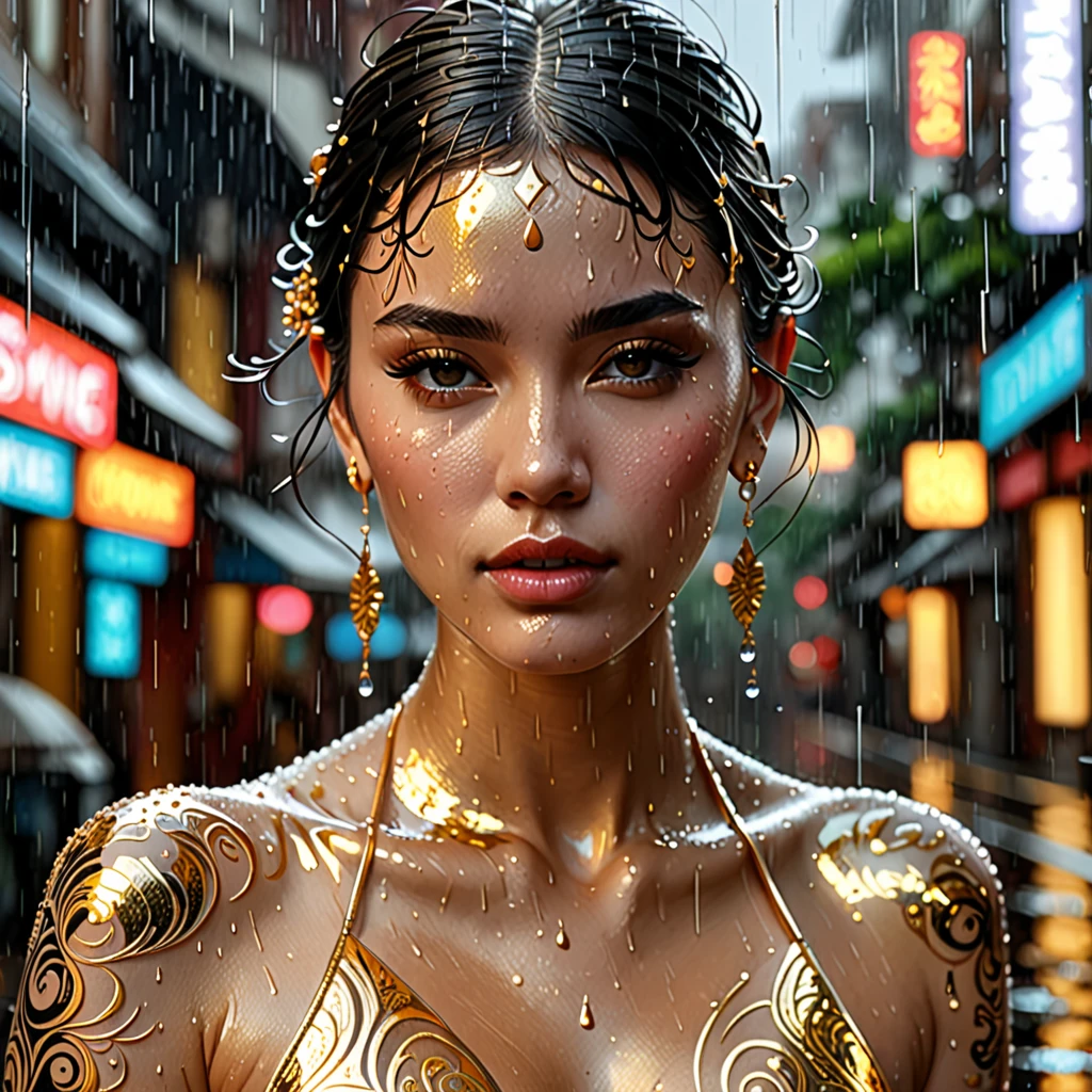 gold tattoos with a girl in rain with golden earrings, in the style of vray tracing, martin ansin, yuumei, poured, close up, dark white and gold, speedpainting, masterpiece, best quality,