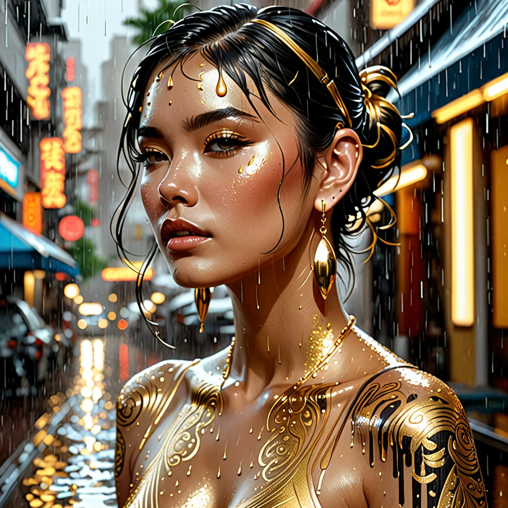 gold tattoos with a girl in rain with golden earrings, in the style of vray tracing, martin ansin, yuumei, poured, close up, dark white and gold, speedpainting, masterpiece, best quality,