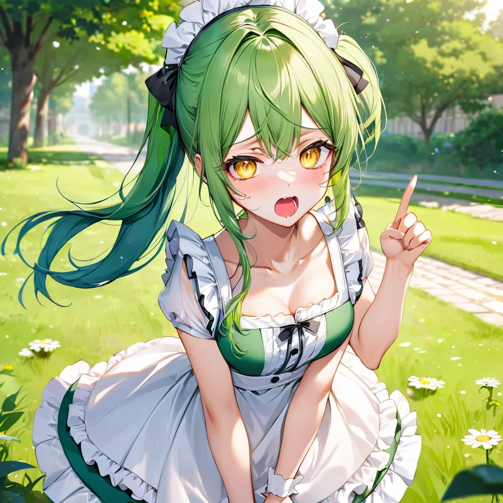 (Tsundere mode) (15 yo, solo ponytail green hair long hair cute girl, lovely yellow eyes, angry face, pink lip open mouth), break, (in a summer maid clothes, skirt), (index finger raised), BREAK, perfect anatomy, masterpiece, best quality, 16k, beautiful detailed grow, daydreaming expression.