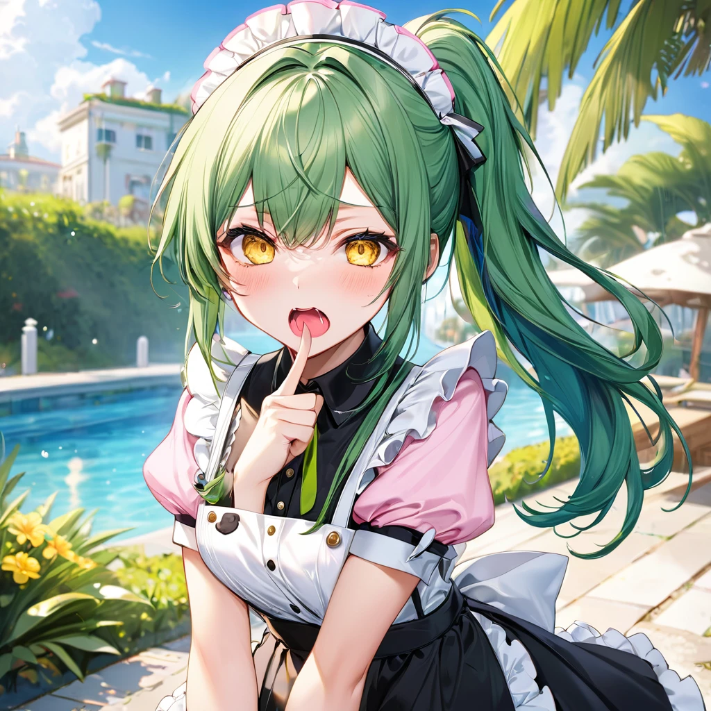 (Tsundere mode) (15 yo, solo ponytail green hair long hair cute girl, lovely yellow eyes, angry face, pink lip open mouth), break, (in a summer maid clothes, skirt), (index finger raised), BREAK, perfect anatomy, masterpiece, best quality, 16k, beautiful detailed grow, daydreaming expression.