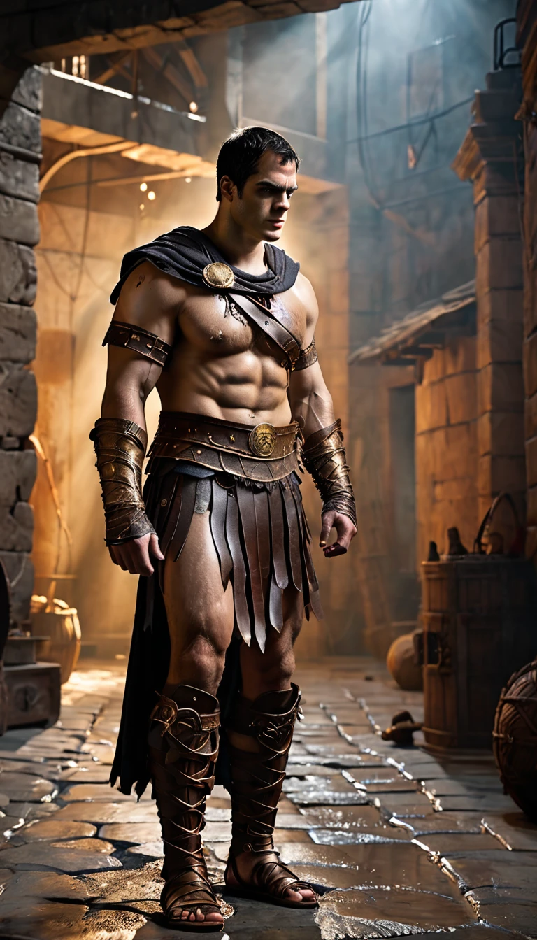 As the sun began to set, The warm golden color of the sun shone on his clothes, arafed man in a roman costume standing in a prison, in screenshot from the 300 movie, the the man is wrapped in chains, henry cavill as a greek god, 8 k movie still, henry cavill is a greek god, 300 the movie, inspired by Exekias, leading spartans into battle, film still from god of war, background dark, hyper realistic, ultra detailed hyper realistic, photorealistic, Studio Lighting, reflections, dynamic pose, Cinematic, Color Grading, Photography, Shot on 50mm lens, Ultra-Wide Angle, Depth of Field, hyper-detailed, beautifully color, 8k, golden light from the front,