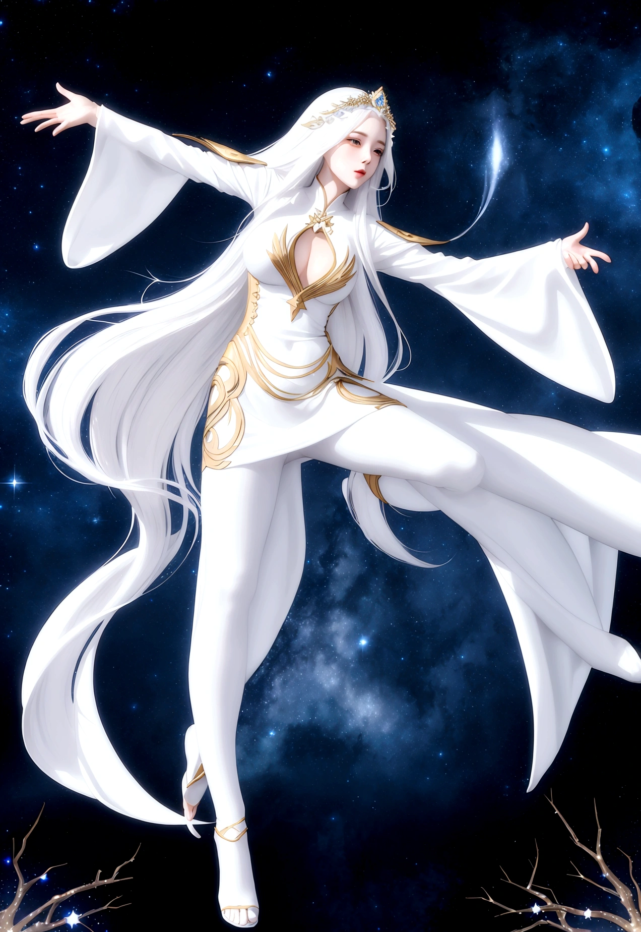 Character (adult woman) (white long hair) (white exotic dress-style clothing) (character in dynamic pose) (full body) (starry night sky background)