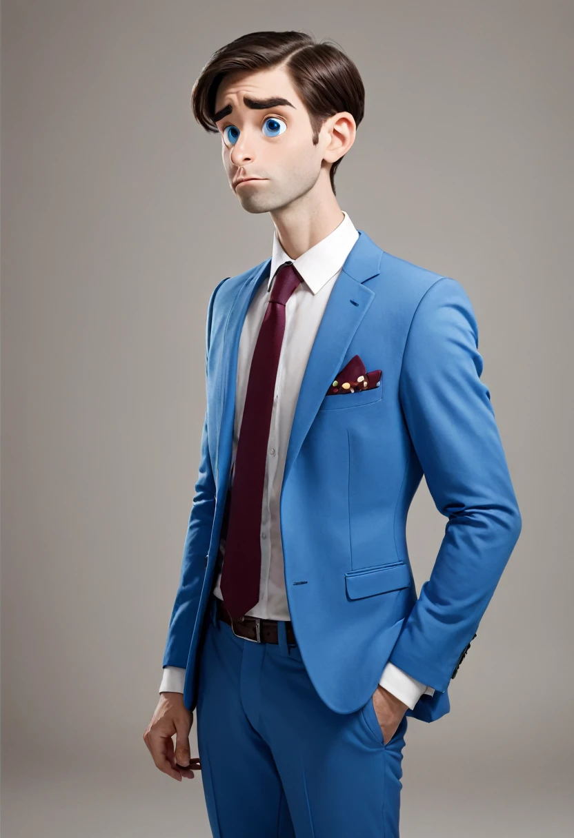 a guy named "Pinocchio", office worker, new sales person, upset, extended nose, in blue suit
