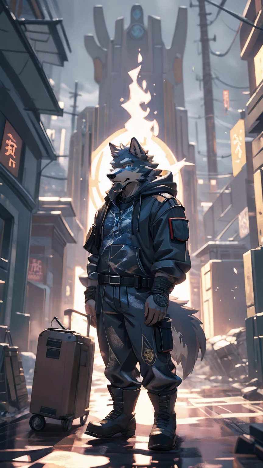 (masterpiece:1.2), best quality,pixiv,official art,perfect anatomy, (Ray tracing, light),solo, (1_male:1.3) , (muscle), (grey fur:1.4), (muscle wolf), (beard:1.2), (gleaming blue eyes), wolf tail, full body, Thick white eyebrows,(open hoodie), (naked inside), (cargo pants:1.2), boots, 30-40years old , storm, rain , ruin , wind