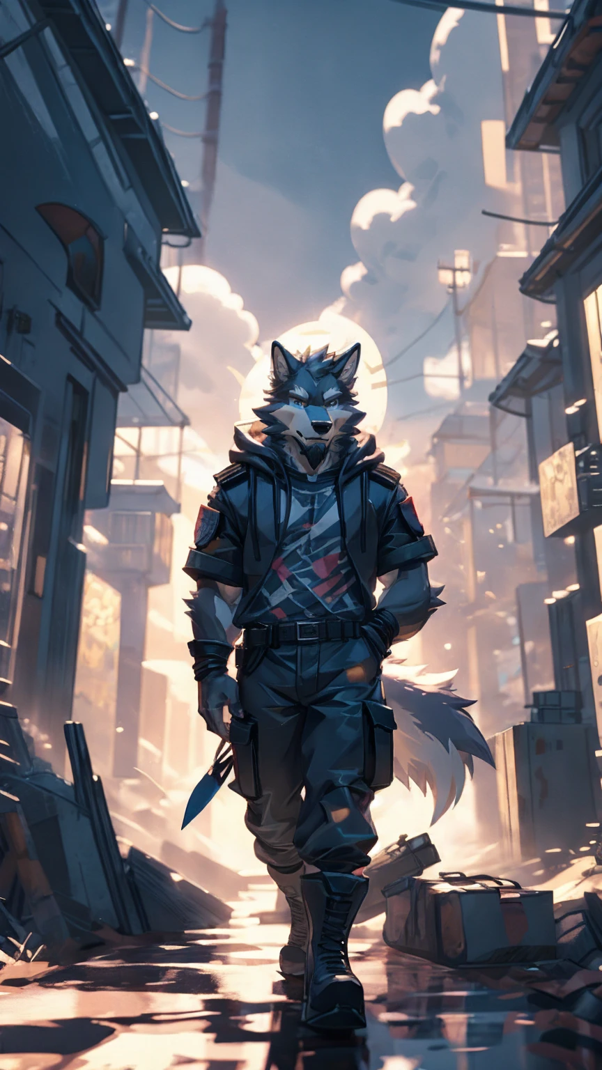 (masterpiece:1.2), best quality,pixiv,official art,perfect anatomy, (Ray tracing, light),solo, (1_male:1.3) , (muscle), (grey fur:1.4), (muscle wolf), (beard:1.2), (gleaming blue eyes), wolf tail, full body, Thick white eyebrows,(open hoodie), (naked inside), (cargo pants:1.2), boots, 30-40years old , storm, rain , ruin , wind