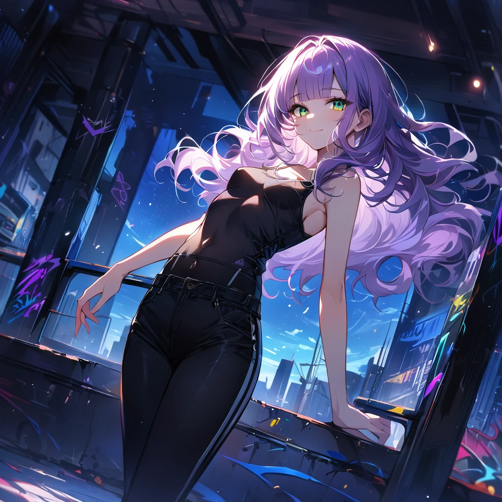 a masterpiece, beautiful eyes, a beautiful face, beautiful depiction, details, solid blue Skyscrapers background, ultra detailed, 8K, pale-purple hair, a dynamic angle, wavy hair blowing in the wind, blunt bangs hair, black and green eyes, A black tank top showing her belly button, black drawstring pants, black ballet shoes, full body shot, A starry sky, a gentle smile, Graffiti art, dimly lit underpass, light coming from behind her, look at viewer,