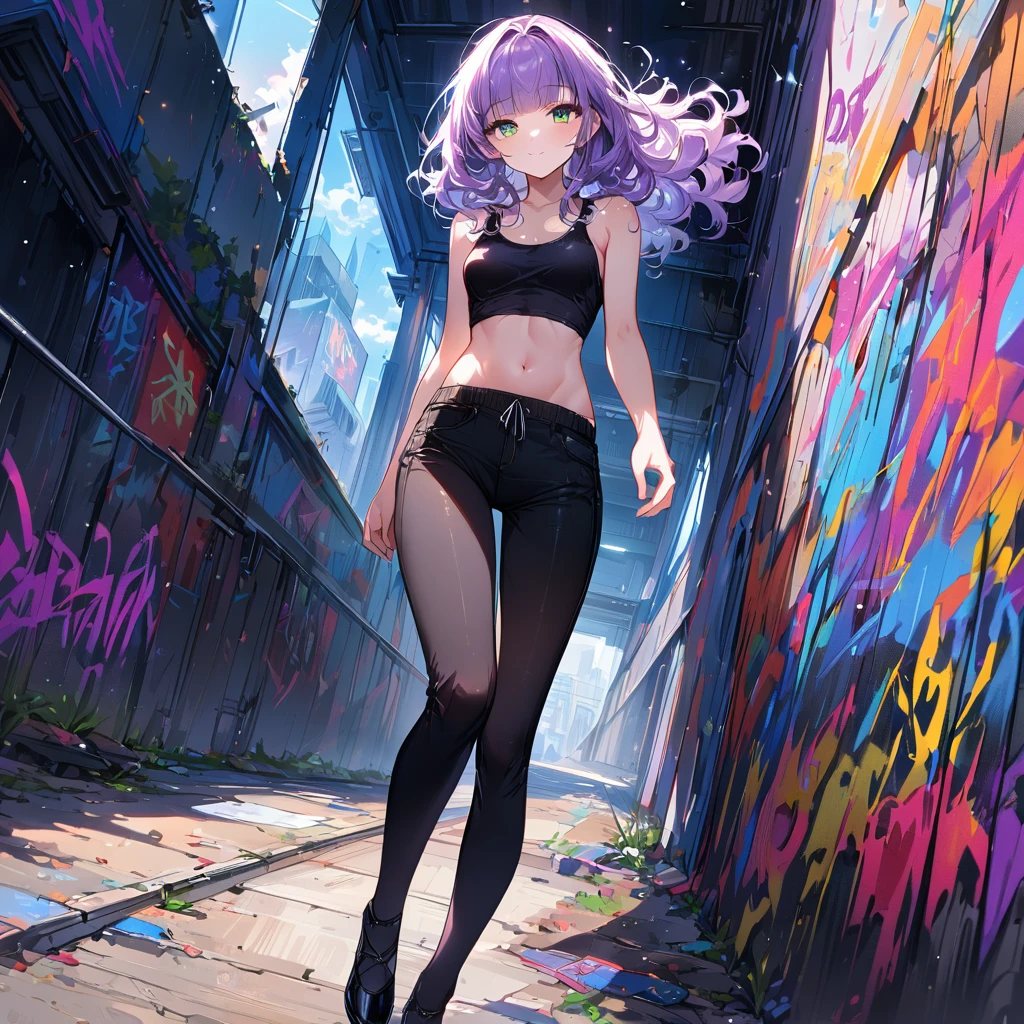 a masterpiece, beautiful eyes, a beautiful face, beautiful depiction, details, solid blue Skyscrapers background, ultra detailed, 8K, pale-purple hair, a dynamic angle, wavy hair blowing in the wind, blunt bangs hair, black and green eyes,small breast, A black tank top showing her slim belly, black drawstring pants, black ballet shoes, full body shot, A starry sky, a gentle smile, Graffiti art, dimly lit underpass, light coming from behind her, look at viewer, pale tone,