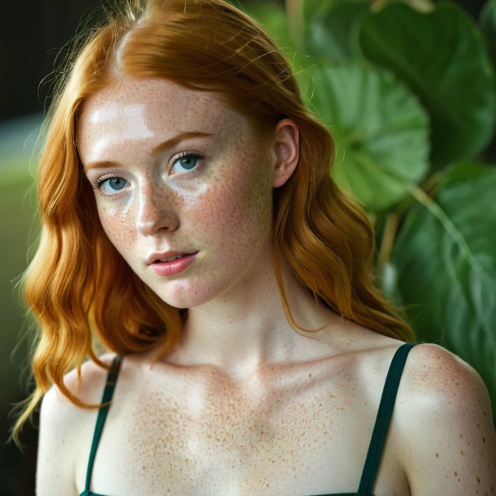 A beautiful ginger girl with freckles, 18 yearold, sexy and thicc, Green eyes, Big breasts, Big butt, sweaty, shiny, lewd face, Nude, bathroom, Sexy, Milky