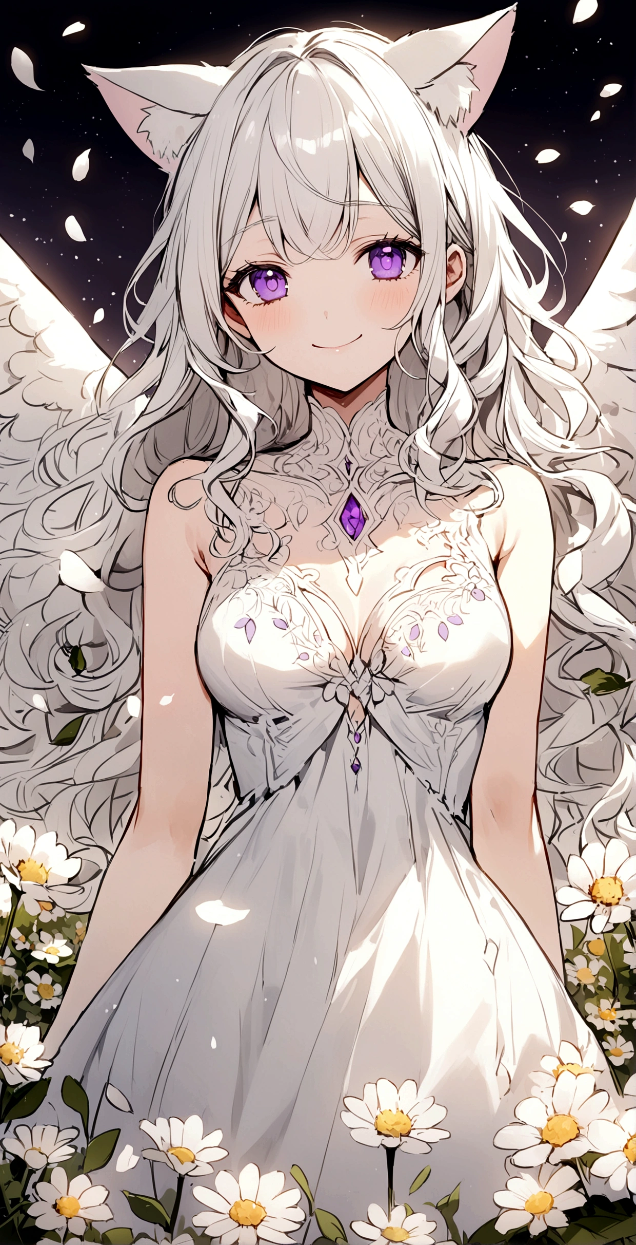smile,Wink,Long Wavy Hair,White hair is very attractive, Detailed and precise manual work, Attractive girl, White cat ears,Purple eyes and white eyelashes,light in your eyes,Big angel wings,Flowers on the body,A subject that stands out in a flower field, Petals flutter,White delicate dress, Hand-drawn illustration