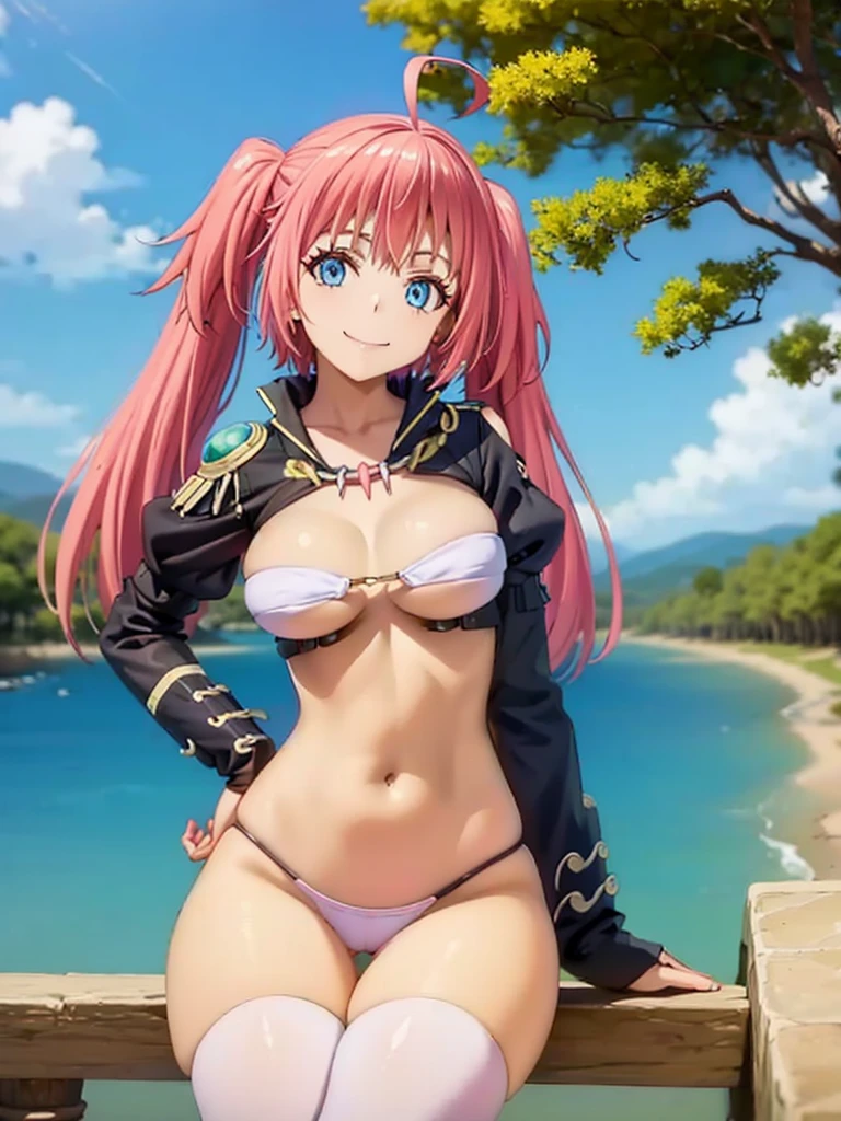 1girl, solo, beautiful girl, brunette skin, blue eyes, big eyes, detailed eyes, long eyelashes, pink hair, long hair, sidelocks, twintails, head tilt, fang, medium breasts, black bikini, string bikini, bikini bottom only, white crop top, asymmetrical legwear, ahoge, clothing cutout, cowboy shot, juliet sleeves, long sleeves, puffy sleeves, pink legwear, revealing clothes, shoulder cutout, thighhighs, no pants, skindentation, smile, looking at viewer, narrow waist, perfect hands, perfect anatomy, cleavage, midriff, navel, covered nipples, outdoors, sitting, leaning against a tree,