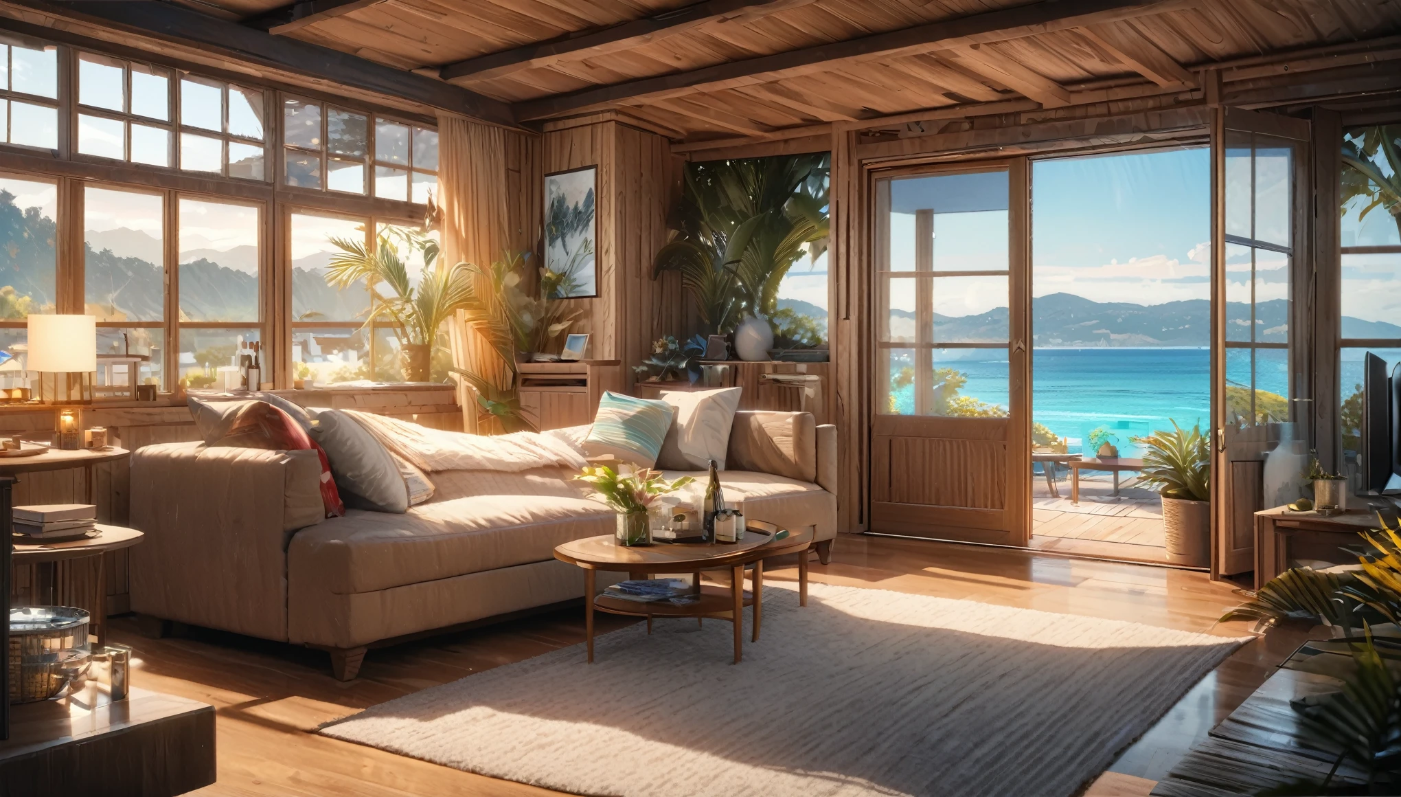 Holiday Homes, Big windows and beautiful views,Wooden lodge,Inside the room,Blur the background,Pleasant sea breeze,Glitter effect,Highest quality, 8K, High resolution, masterpiece:1.2, Very detailed, Realistic:1.37, High resolution, 超High resolution, Ultra-fine painting, Very detailed, Professional, Vibrant colors