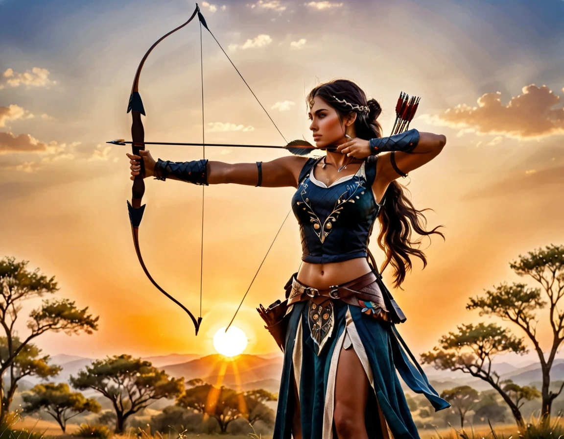 a watercolor illustration of a exquisite beautiful female archer, (silhouette artwork: 1.3), ready for action as the sun rises, fantasy art, ), sun rising behind the archer, ready to act,  ultra feminine, with a long curvy hair, dynamic clothing, intricate clothes, , sting drawn to the cheek , arrow ready to be shot, (tip of the arrow glimmers in the sun: 1.3), sunrays, divine rays, high details, best quality, 16k, [ultra detailed], masterpiece, best quality, (extremely detailed), dynamic angle, Aiming a Bow, bow (weapon)