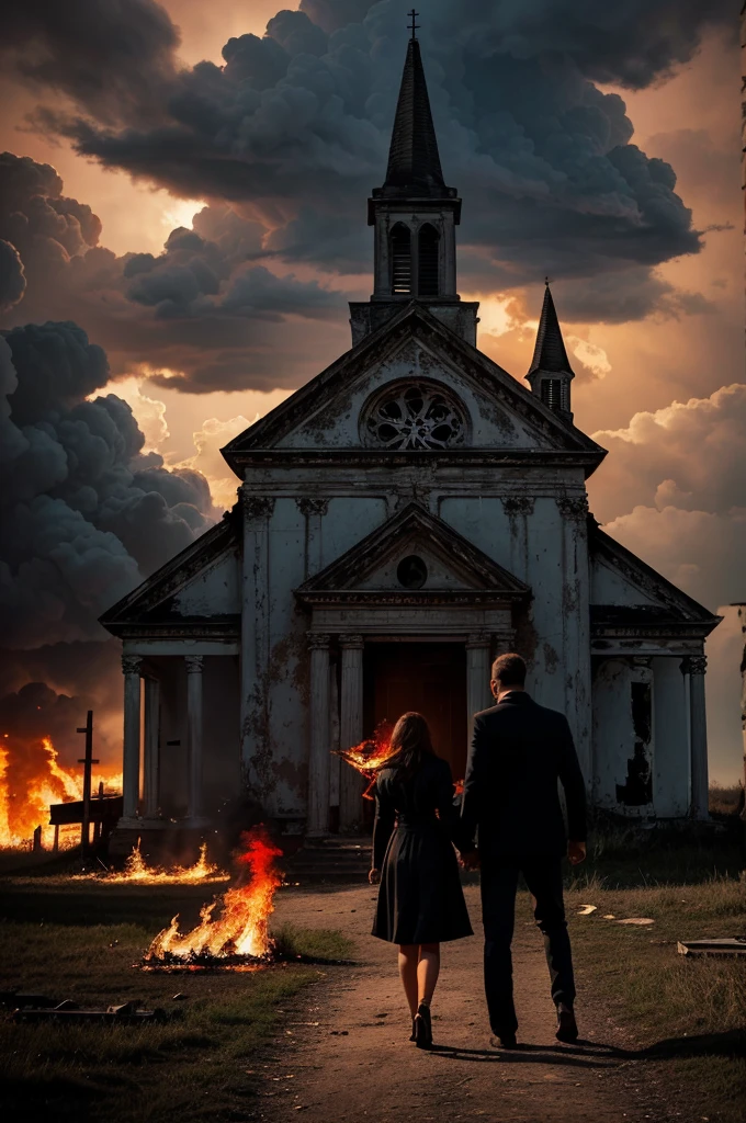 Generate a poster for 5*8 novel
"A dilapidated church on fire, a couple holding hands in the front, to their back a man and a woman.
Thunderclouds to the back of the burning church with demonic red eyes on it