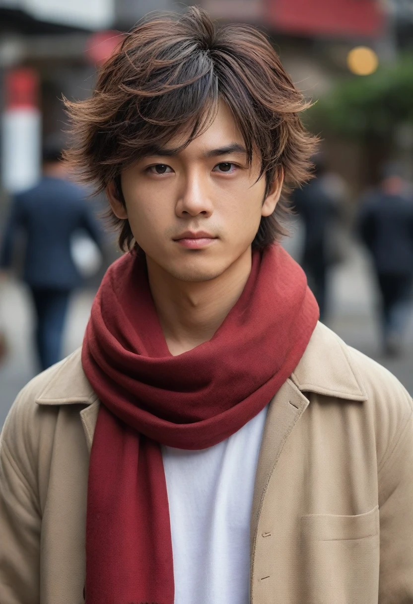 1man, perfect face, Young Japanese man wearing a red scarf and a somewhat old and worn brown jacket, best quality ,masterpiece, illustration, extremely detailed ,CG ,unity ,8k wallpaper, Amazing, finely detail, masterpiece,best quality,official art,extremely detailed CG unity 8k wallpaper,absurdres, incredibly absurdres, huge filesize, ultra-detailed, highres, extremely detailed, messy hair, japanese boy, japan young man, completely white t-shirt, battered red scarf, ryoma nagare, cream coat,18yo, 18 years old, age 18,