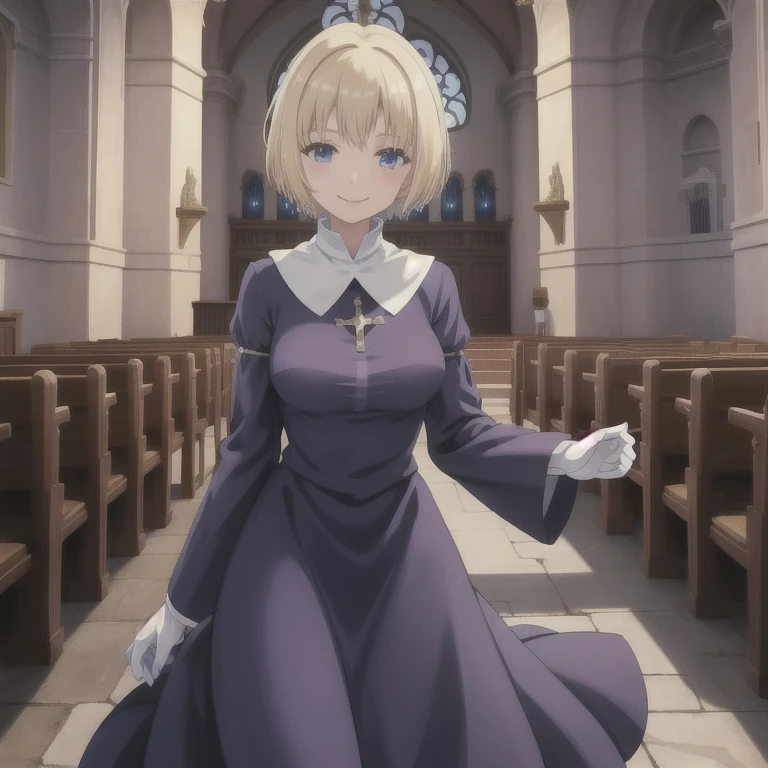 Orsola, short blonde hair, solo, 1girl, smiling, cowboy shot, blue habit ,white gloves, long sleeves, nun, long skirt, church, best quality, masterpiece 