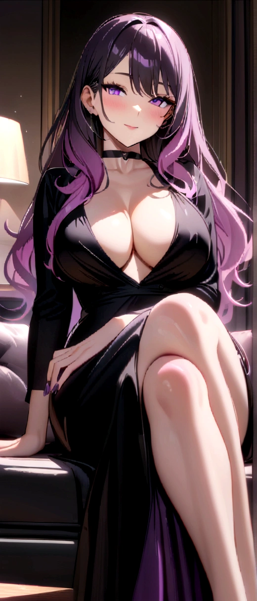 1 woman, mature, busty, beautiful, tall, attractive, MILF, ((Long hair))((pink purple ombre hair)), ((violet eyes))((perfect eyes))((purple nails)), ((Woman wear black dress, black choker)), ((living room, sitting on sofa)), looking at viewer, sultry smile, crossing legs, 8k, masterpiece, ray tracing