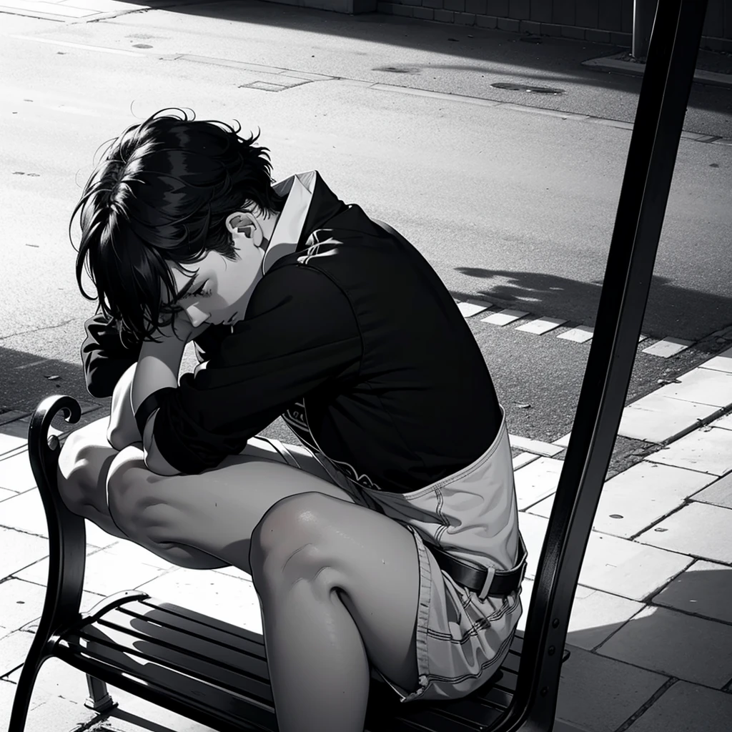 a ager, thin, tall, black hair, sitting on a bench, thoughtful, with his head down with his hands on his head in despair, everything monochrome, facing forward