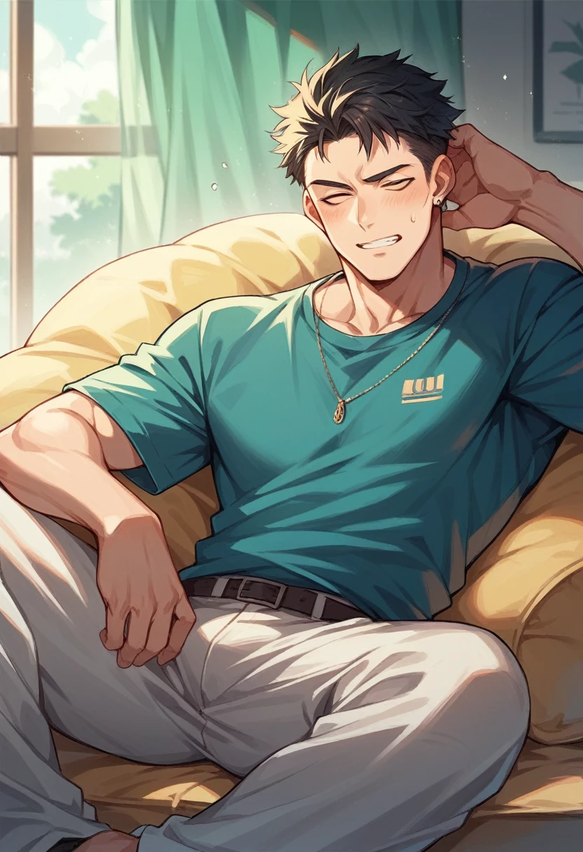 A man enjoying a relaxing evening with his parents after a productive workday. anime style, colourful, extreme detail, supreme quality