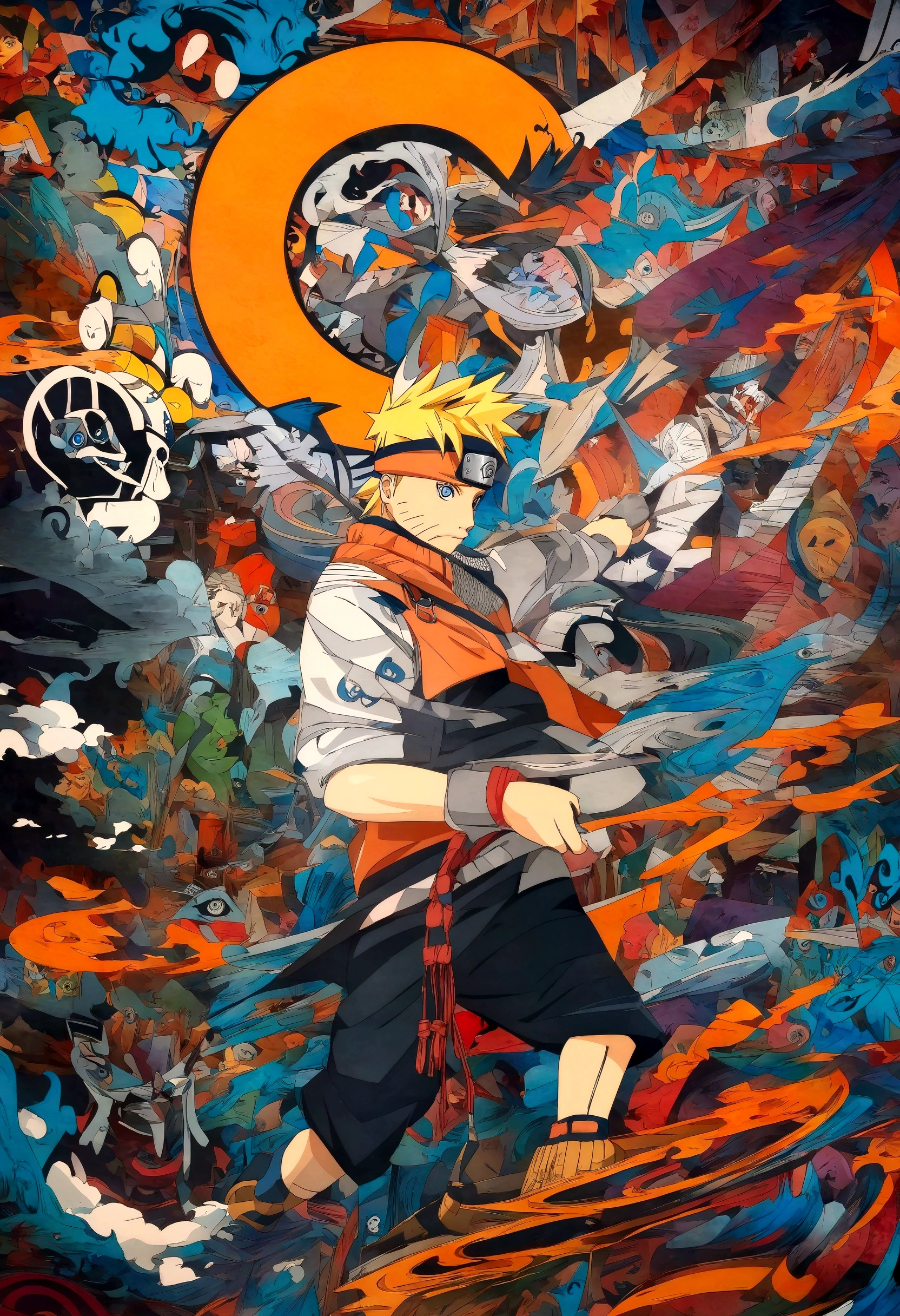 Cartoon art of a man holding a sword with lots of graffiti, Naruto art style, trending Anime Artwork, pop anime art, Anime Abstract Art, Anime Pop Artwork, Anime epic artwork, anime art wallpaper 8 k, Anime Art Wallpaper 4K, Anime Art Wallpaper 4K, anime style artwork, Uzumaki Naruto, Clean and detailed anime art, Anime Artwork,Change Naruto's clothes to Naruto in Six Paths Mode