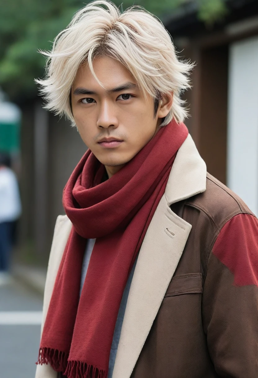 1man, perfect face, Young Japanese man wearing a red scarf and a somewhat old and worn brown jacket, best quality ,masterpiece, illustration, extremely detailed ,CG ,unity ,8k wallpaper, Amazing, finely detail, masterpiece,best quality,official art,extremely detailed CG unity 8k wallpaper,absurdres, incredibly absurdres, huge filesize, ultra-detailed, highres, extremely detailed, messy hair, japanese boy, japan young man, completely white t-shirt, battered red scarf, ryoma nagare, cream coat, white hair, 18yo, 18 years old, age 18,