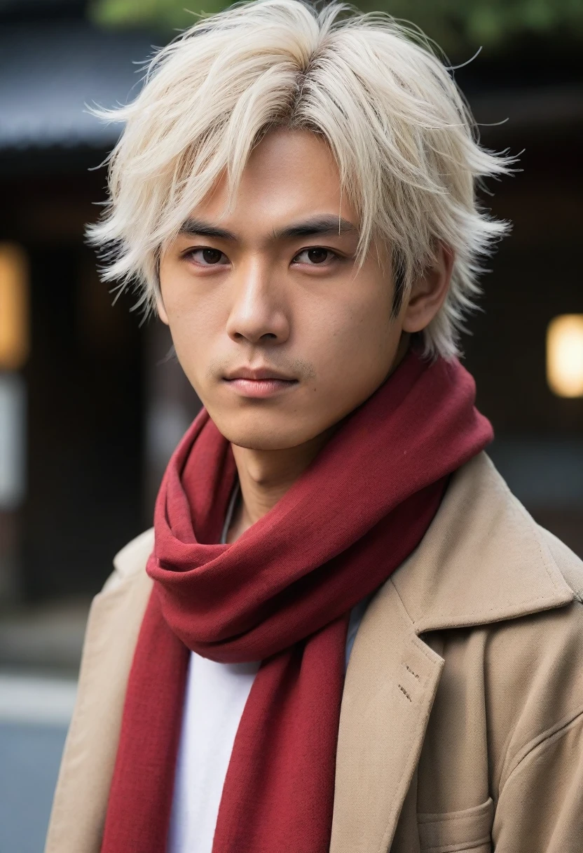 1man, perfect face, Young Japanese man wearing a red scarf and a somewhat old and worn brown jacket, best quality ,masterpiece, illustration, extremely detailed ,CG ,unity ,8k wallpaper, Amazing, finely detail, masterpiece,best quality,official art,extremely detailed CG unity 8k wallpaper,absurdres, incredibly absurdres, huge filesize, ultra-detailed, highres, extremely detailed, messy hair, japanese boy, japan young man, completely white t-shirt, battered red scarf, ryoma nagare, cream coat, white hair, 18yo, 18 years old, age 18,
