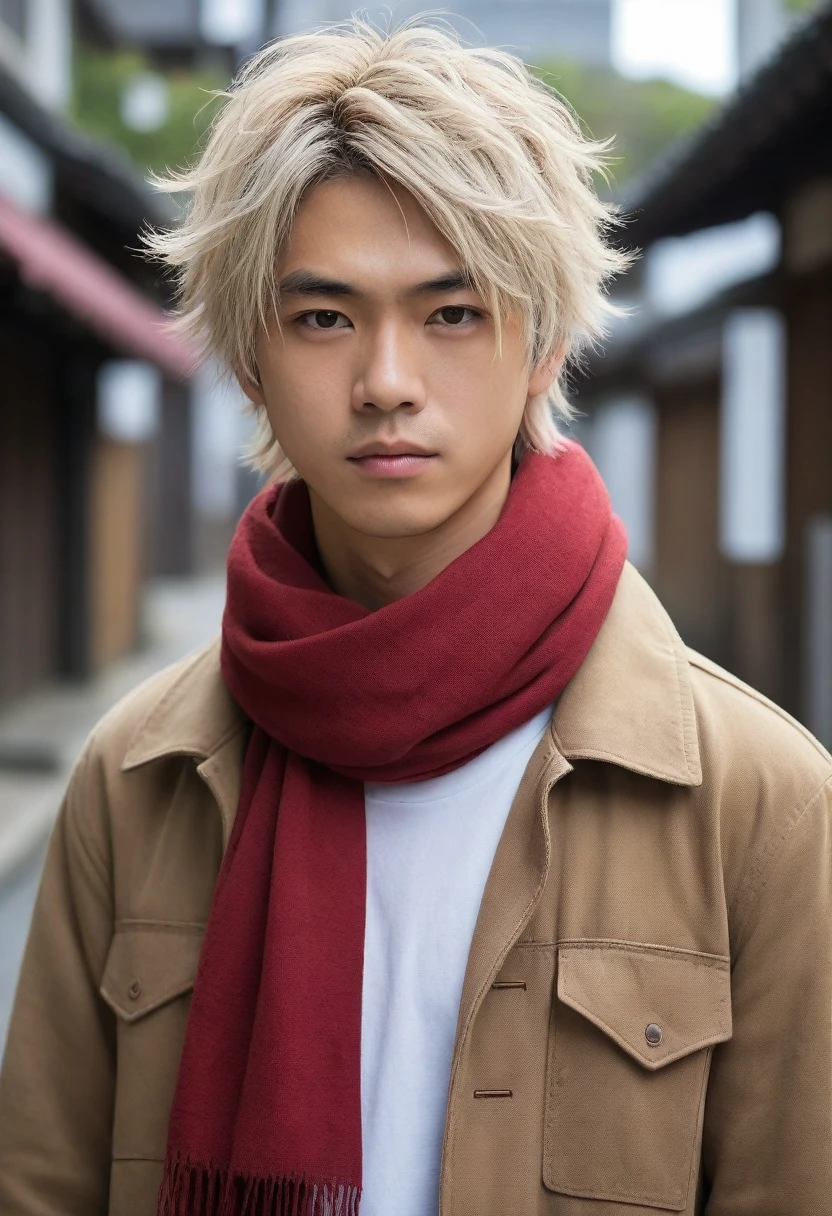 1man, perfect face, Young Japanese man wearing a red scarf and a somewhat old and worn brown jacket, best quality ,masterpiece, illustration, extremely detailed ,CG ,unity ,8k wallpaper, Amazing, finely detail, masterpiece,best quality,official art,extremely detailed CG unity 8k wallpaper,absurdres, incredibly absurdres, huge filesize, ultra-detailed, highres, extremely detailed, messy hair, japanese boy, japan young man, completely white t-shirt, battered red scarf, ryoma nagare, cream coat, white hair, 18yo, 18 years old, age 18,
