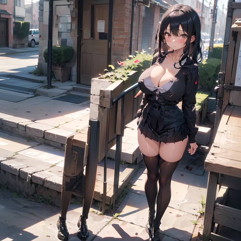 (1 girl standing:1.3), (solo:2.0), (huge perky breasts:1.7), (thin waist:1.3), (thin long legs:1.5), (black thighhighs:1.3), (extreme short skirt:1.5), nose blush,