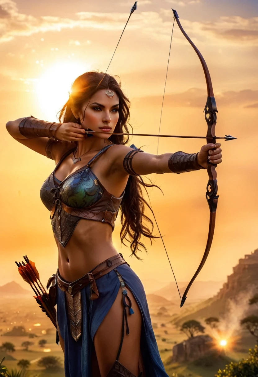 a watercolor illustration of a exquisite beautiful female archer, (silhouette artwork: 1.3), ready for action as the sun rises, fantasy art, ), sun rising behind the archer, ready to act,  ultra feminine, with a long curvy hair, dynamic clothing, intricate clothes, , sting drawn to the cheek , arrow ready to be shot, (tip of the arrow glimmers in the sun: 1.3), sunrays, divine rays, high details, best quality, 16k, [ultra detailed], masterpiece, best quality, (extremely detailed), dynamic angle, Aiming a Bow, bow (weapon)