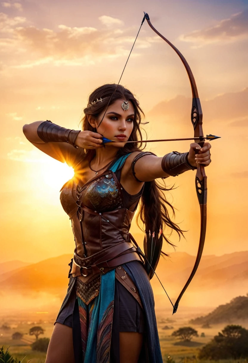 a watercolor illustration of a exquisite beautiful female archer, (silhouette artwork: 1.3), ready for action as the sun rises, fantasy art, ), sun rising behind the archer, ready to act,  ultra feminine, with a long curvy hair, dynamic clothing, intricate clothes, , sting drawn to the cheek , arrow ready to be shot, (tip of the arrow glimmers in the sun: 1.3), sunrays, divine rays, high details, best quality, 16k, [ultra detailed], masterpiece, best quality, (extremely detailed), dynamic angle, Aiming a Bow, bow (weapon)