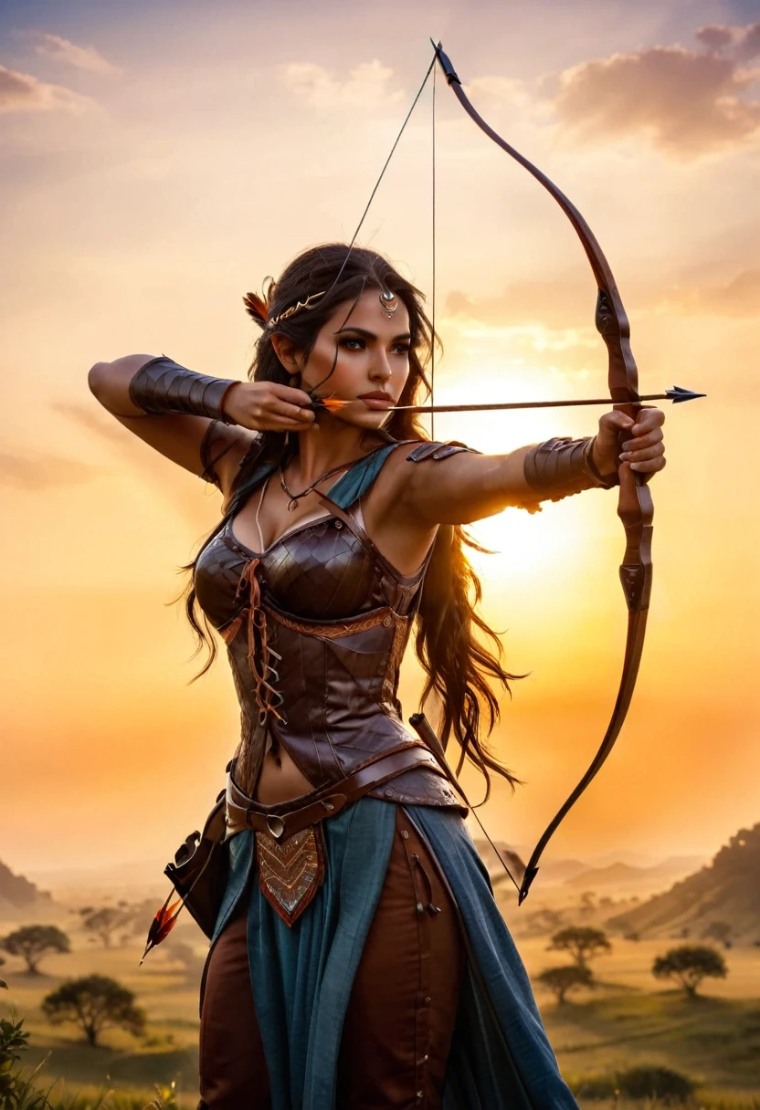 a watercolor illustration of a exquisite beautiful female archer, (silhouette artwork: 1.3), ready for action as the sun rises, fantasy art, ), sun rising behind the archer, ready to act,  ultra feminine, with a long curvy hair, dynamic clothing, intricate clothes, , sting drawn to the cheek , arrow ready to be shot, (tip of the arrow glimmers in the sun: 1.3), sunrays, divine rays, high details, best quality, 16k, [ultra detailed], masterpiece, best quality, (extremely detailed), dynamic angle, Aiming a Bow, bow (weapon)