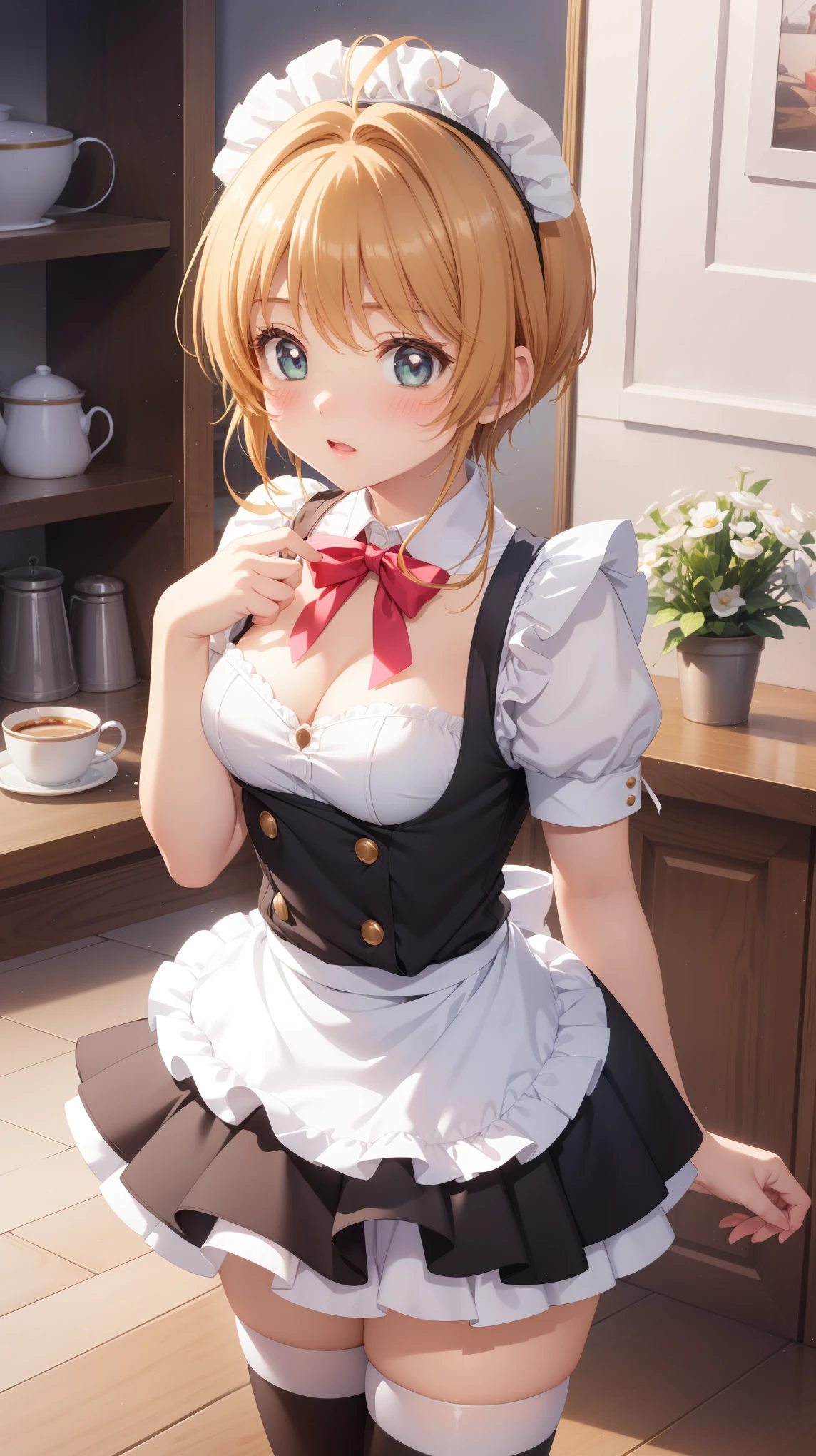 masterpiece, best quality, highres, 1girl, detailed face, blush, anime CG style, (medium breasts), (18 year old girl:1.3), (aged up), good lighting, perfect body, sakura kinomoto, glossy lips, cleavage, (curvy), cafe, maid, short puffy sleeves, small maid apron, thigh highs