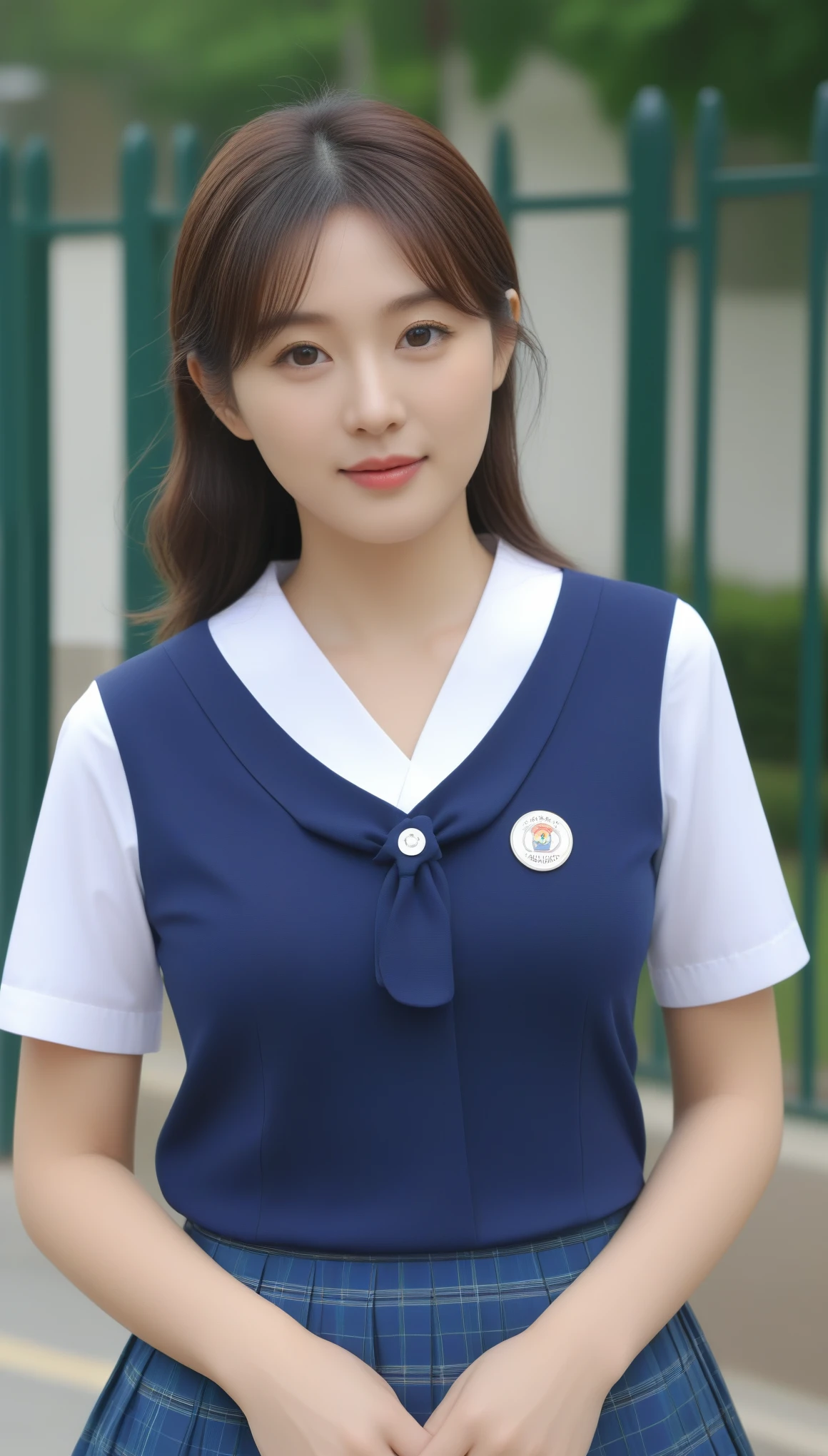 close-up of beautiful korean female, 34 inch breasts size, wearing kindergarten teacher uniform, in front of the kindergarten school gate, UHD