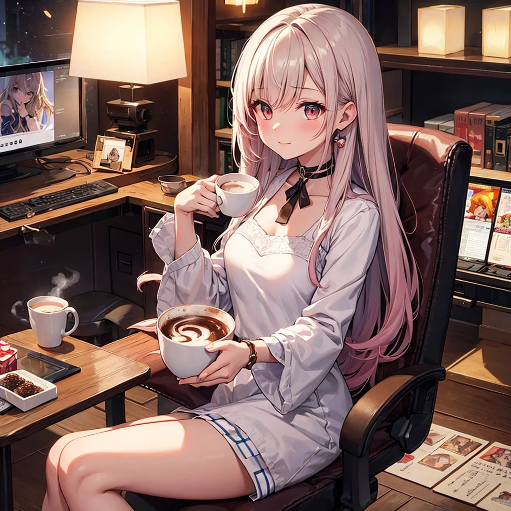 NSFW, sexy, erotic, a hyper-realistic anime-style girl VTuber with long, flowing hair and large, sparkling eyes is live streaming, sitting at her desk in an exquisitely detailed and cozy room adorned with intricate posters, plush toys, and various decorations. The desk is cluttered with streaming equipment illuminated by vibrant, colorful LED lights, creating a captivating and lively atmosphere. She is wearing an adorable outfit and holding a steaming cup of hot cocoa. The angle changes to an extremely dynamic and unique view, focusing intently on the surface of the hot cocoa, featuring an incredibly detailed and charming cute girl design as latte art, without a saucer. Her hand and part of her face are visible as she joyfully introduces the hot cocoa to her viewers. Elements of her live streaming setup, including a microphone, camera, and chat screen, are prominently displayed on the desk, alongside scattered mahjong tiles and a monitor showcasing an intense mahjong game stream. The background is rich with meticulously crafted items, enhancing the cozy and mysterious ambiance. The warm, inviting room light and vibrant LED lights provide a stunning contrast, creating a perfect balance of brightness and shadow. Every detail is rendered with the highest level of precision and clarity, showcasing the warmth of the scene and the allure of the hot cocoa with cute girl latte art, while emphasizing the thrilling mahjong game stream in the most breathtaking quality imaginable. The VTuber's enthusiasm and love for both hot cocoa and mahjong are vividly depicted, making her personality shine through in this extraordinary masterpiece. Enhance the overall resolution and detail to the highest possible level for a strikingly detailed and vibrant image.