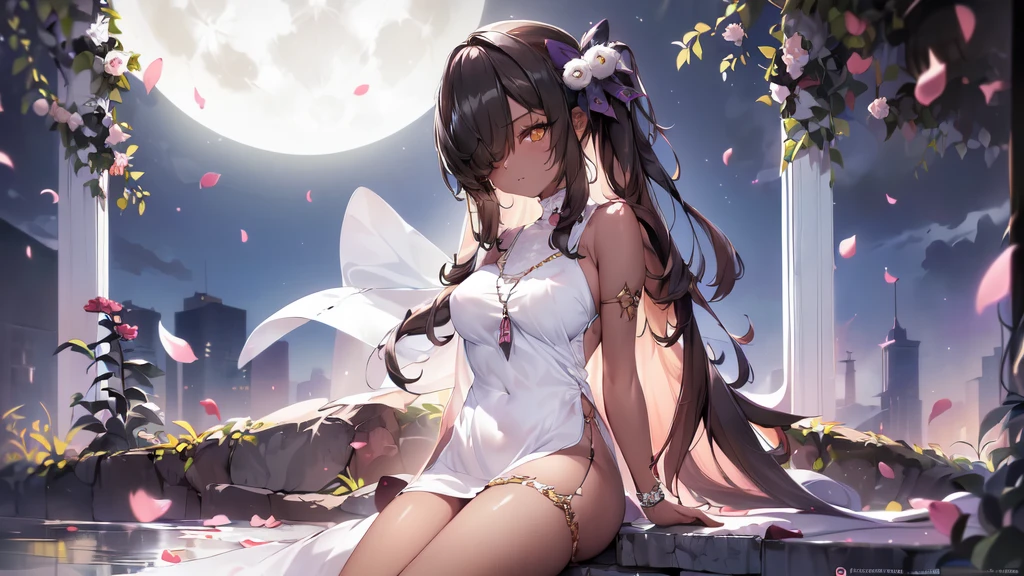 ((((Obra maestra, La mejor calidad, ultrahigh resolution)))), 1girl, standing,), ((long pure brown hair, hair over eye)), long hair cut, shiny skin, ((golden eyes)), glowing_eyes, neon eyes, (ultra detailed eyes:0.7, beautiful and detailed face, detailed eyes:0.9), ((centered)), smirk, facing viewer, ((vibrant background, dark lighting, summer, sunlight)), large chested, looking at viewer, ((half closed eyes)), ((perfect hands)), (((head:1, arms, hips in view, elbows, legs, in view))), ((hands behind back)), empty eyes, beautiful lighting, ((outside, outdoors)), defined subject, head tilt, (((gritty)), ((creepy)), ((cool)), ((beautiful)), (((SFW))), hair ornament, petals in the air, moon in the sky, city, mature woman, adult woman, sfw, pink and white dress, night dress, she is a princess, gal, dark skin,