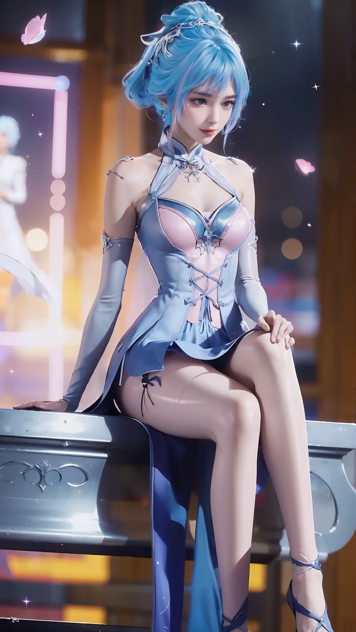 cheongsam,((whole body)), ((Sitting)), ((The hem is long, Sexy long legs)), ((Bare shoulders)),model, Young beautiful girl, Striking an elegant pose, Charming pose, Heat and cold, Beautiful and delicate eyes, Full breasts, slim body, Features, masterpiece, best quality, official art, Rich details, Clear face, Professional lighting, Physically based rendering, Necklace, Light makeup,Starry sky background,Sitting on the stars,Double tail,Colored hair,Blue and Pink Ombre Hair