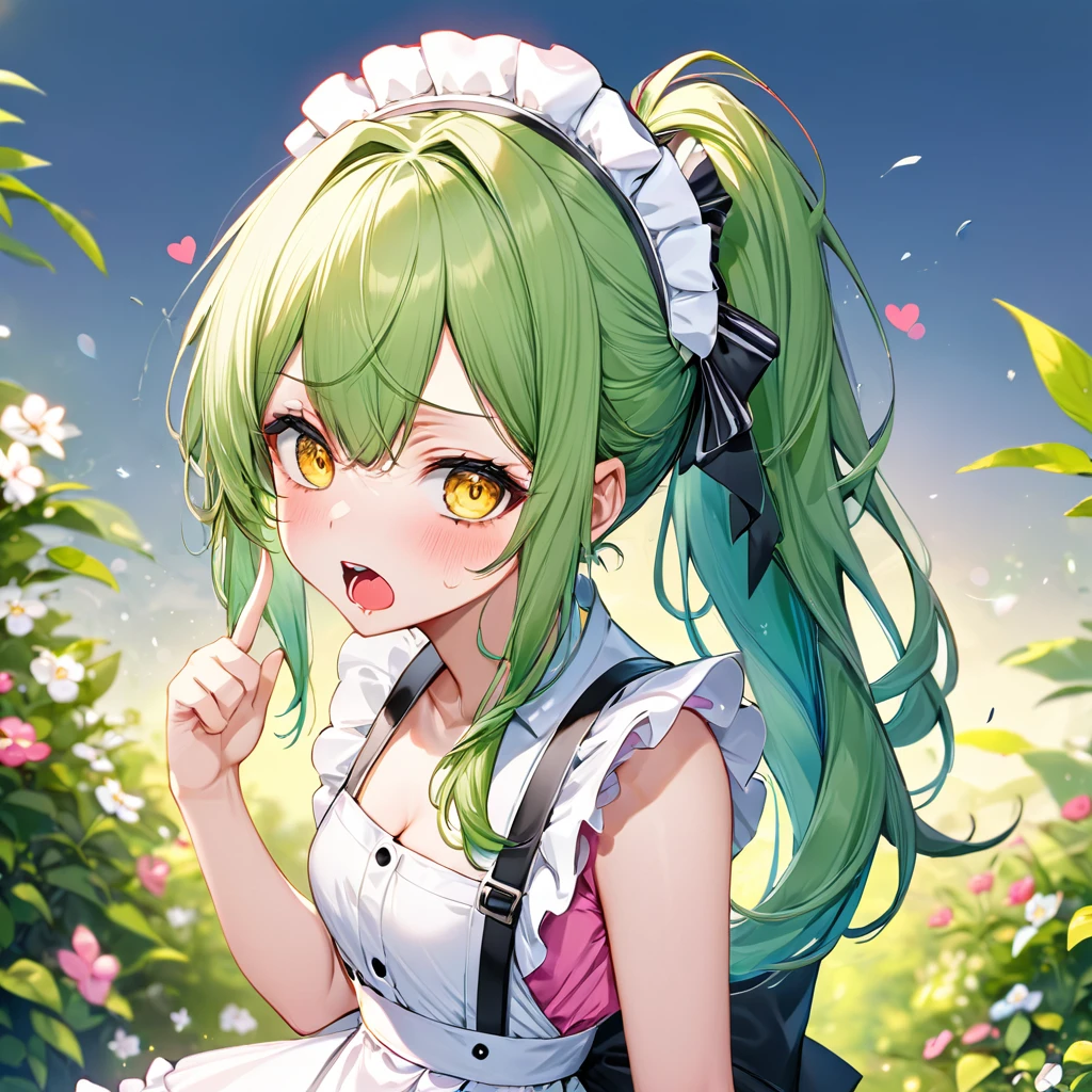 (Tsundere love mode) (15 yo, solo ponytail green hair long hair cute girl, lovely yellow eyes, angry face, pink lip open mouth), break, (in a summer maid clothes, skirt), (index finger raised), BREAK, perfect anatomy, masterpiece, best quality, 16k, beautiful detailed grow, daydreaming expression.