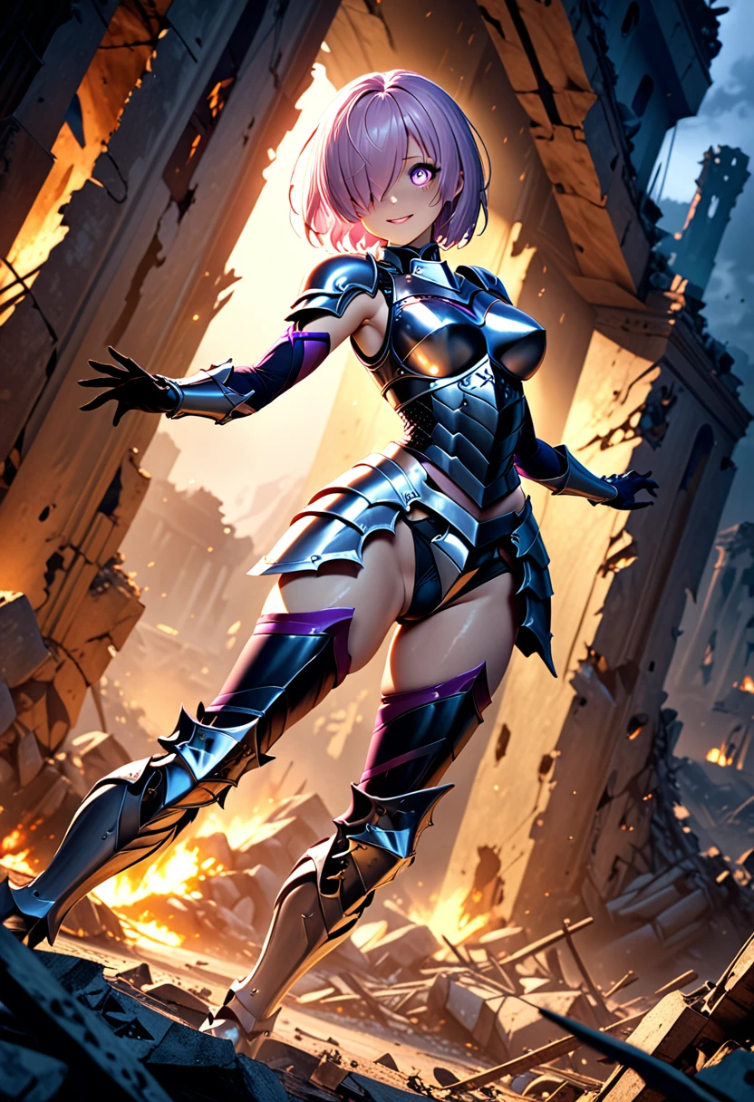 (masterpiece, top quality, best quality, beautiful and aesthetic:1.2), full body, SFW, extremely detailed, detailed face and eyes, cinematic light, depth of field, 1girl, seducing smile, solo, official, (full armored knight:1.4), dark armor, mash kyrielight, light purple hair, short hair, hair over one eye, slim body, cinematic lighting, dramatic lighting, dramatic atmosphere, hyper-realistic, high resolution, stunning contrast, high quality, best quality, 8k, 4k, intricately detailed, (amazing details:1.2), highly detailed skin, powerful presence, vibrant colors, (detailed eyes:1.2), striking eyes, (detailed background), (warzone on background, night, ruins), (dynamic angle:1.2), (dynamic pose:1.2)